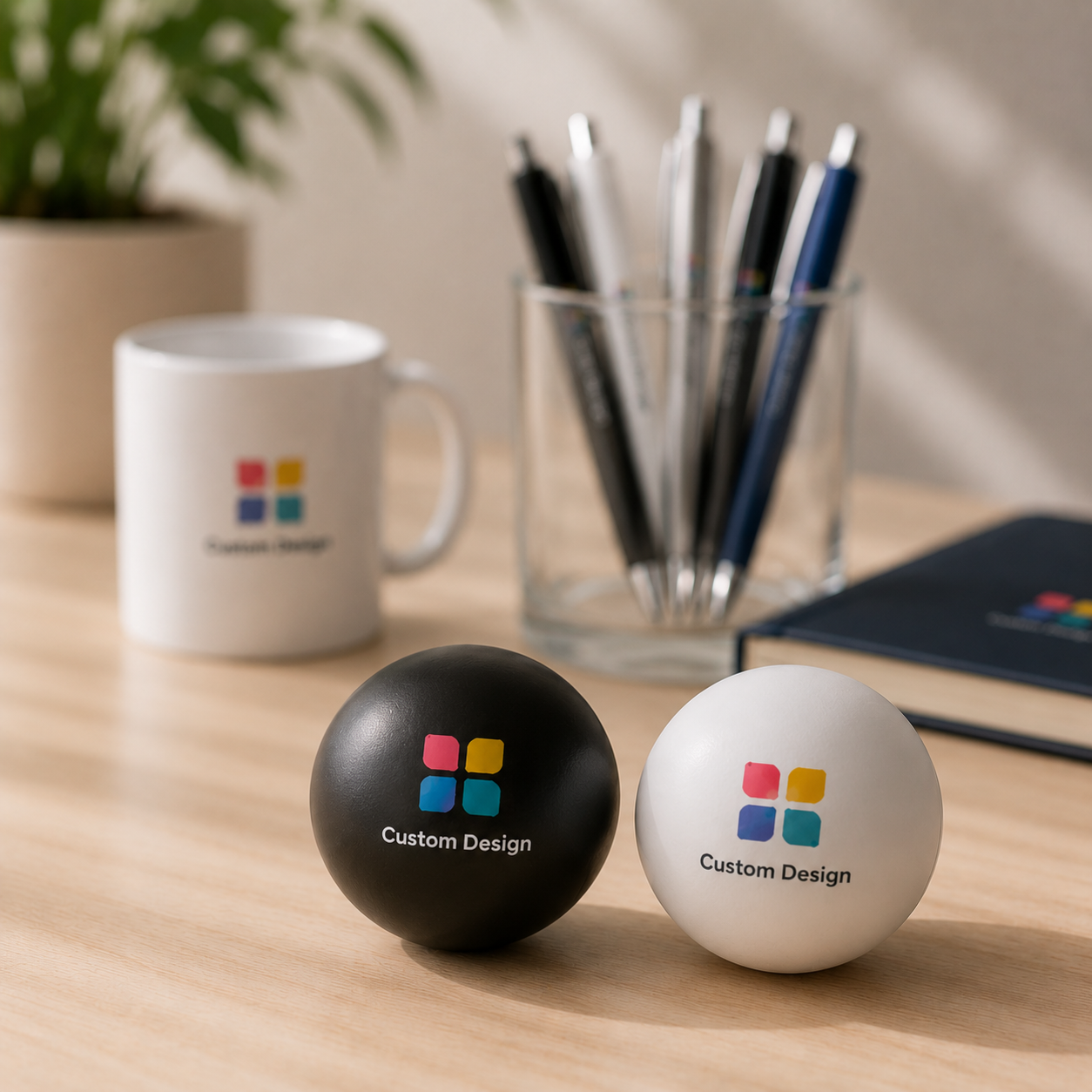 Custom printed stress balls with your logo. Professionally personalised in the UK using vibrant full-colour printing. Perfect for exhibitions, events and business giveaways.