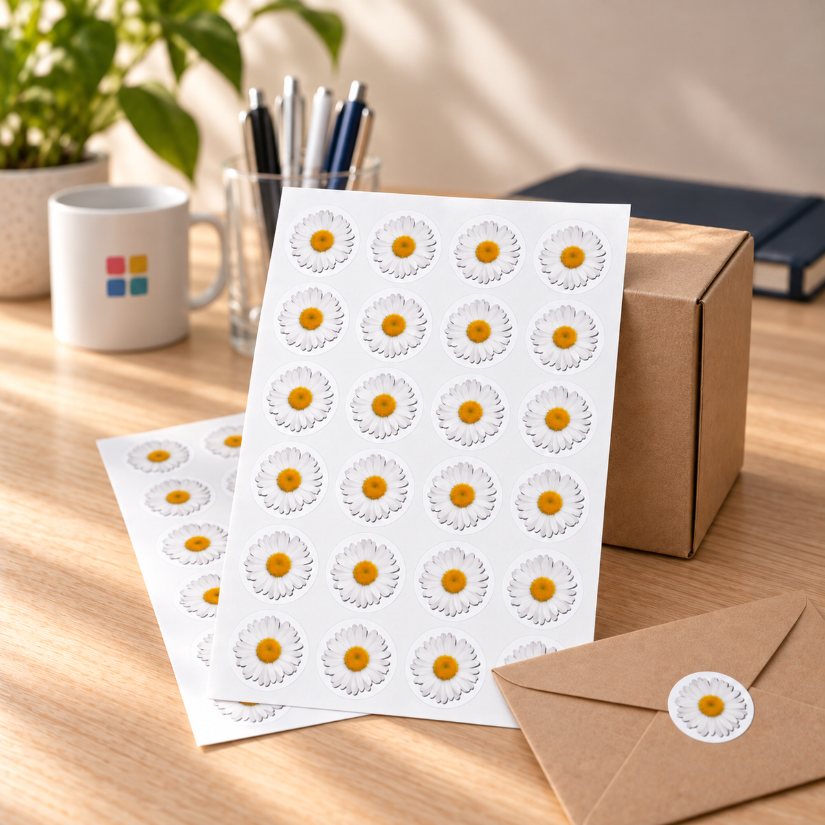 Daisy paper sticker sheets with 24 round labels, displayed beside kraft packaging on a wooden desk with blurred stationery in the background.