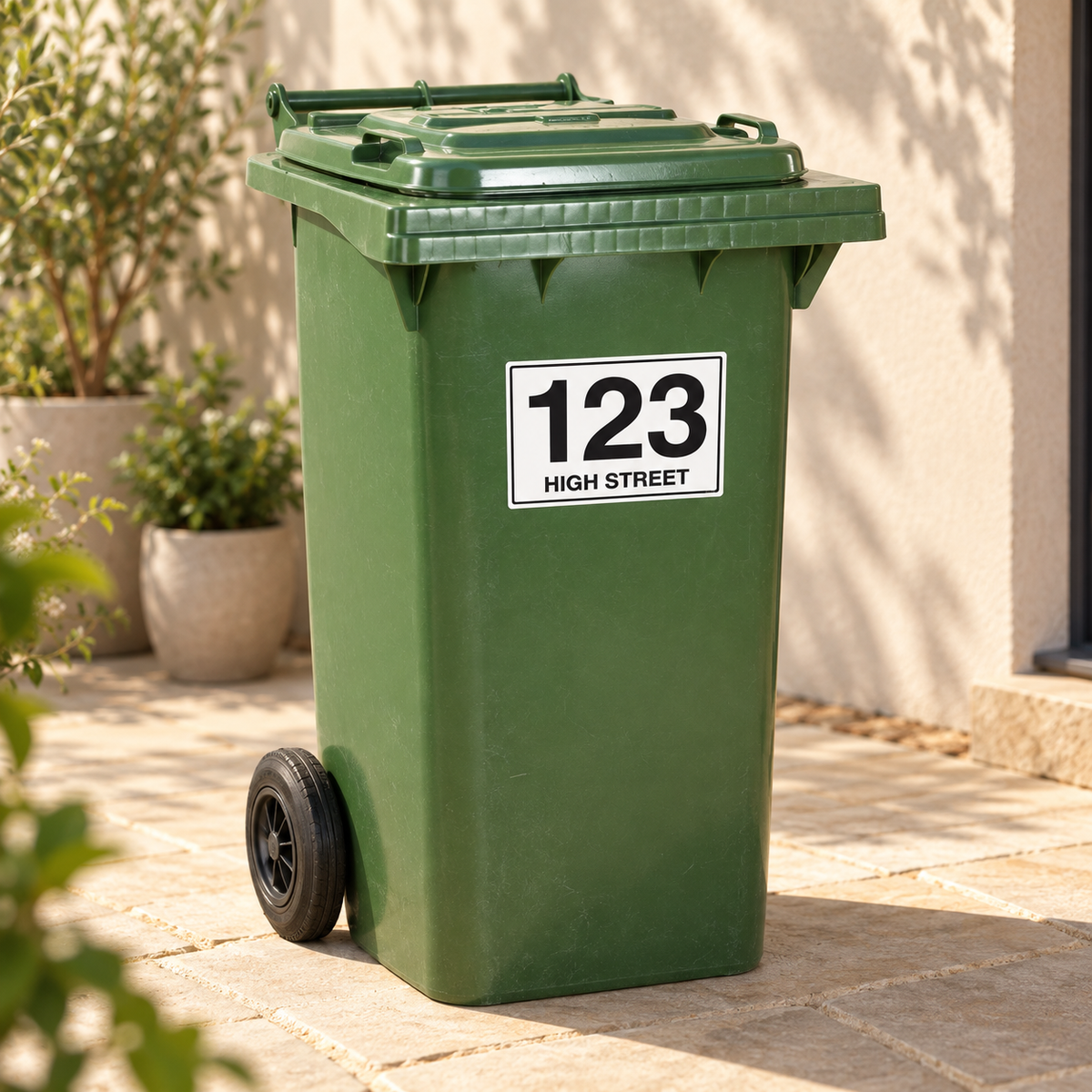 Green wheelie bin with a personalised number sticker