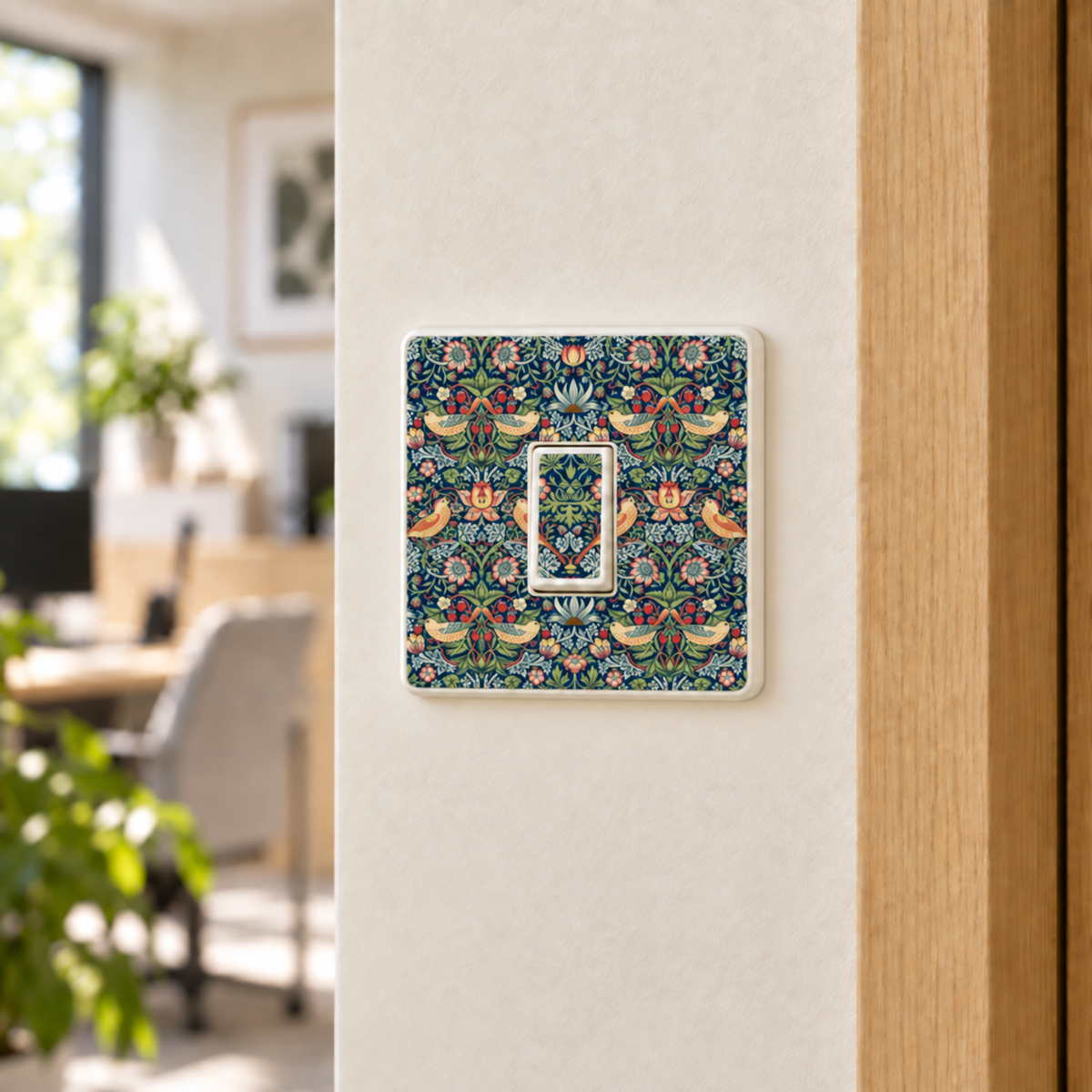 William Morris Strawberry Thief light switch sticker with a navy floral and bird pattern, fitted to a cream wall beside an oak door frame.