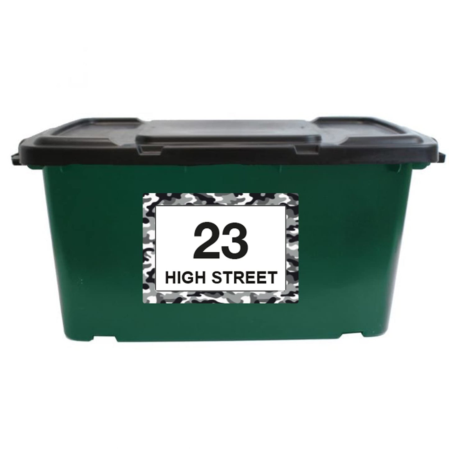 White Camouflage wheelie bin sticker details and application example