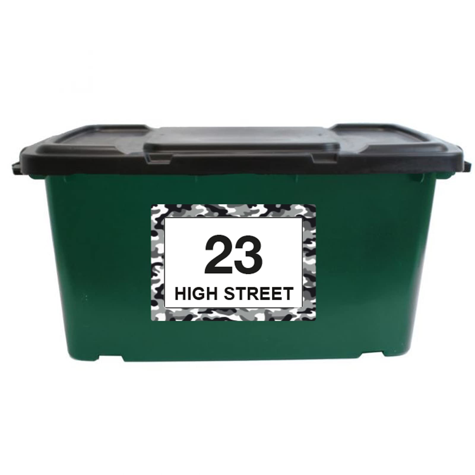 White Camouflage wheelie bin sticker details and application example
