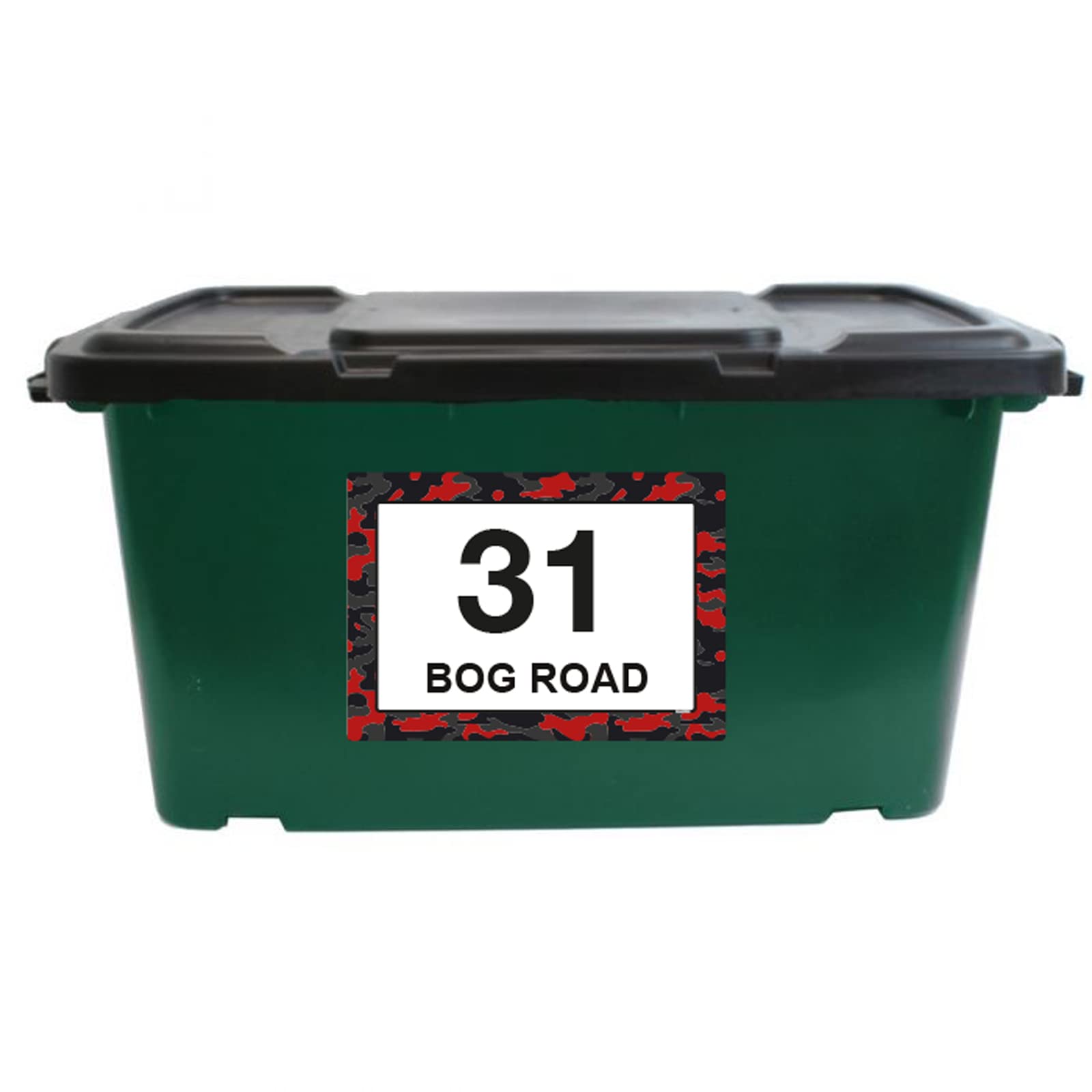 Red Camouflage wheelie bin sticker details and application example