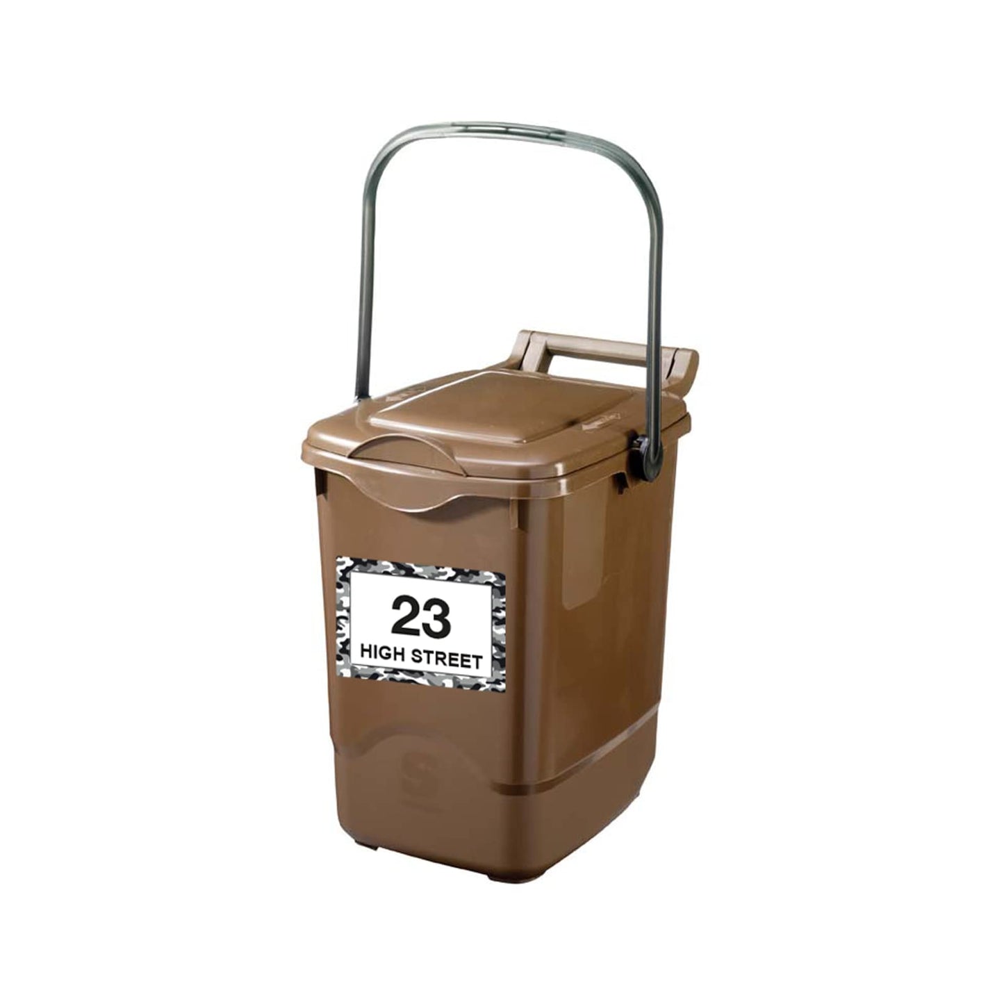 White Camouflage wheelie bin sticker details and application example