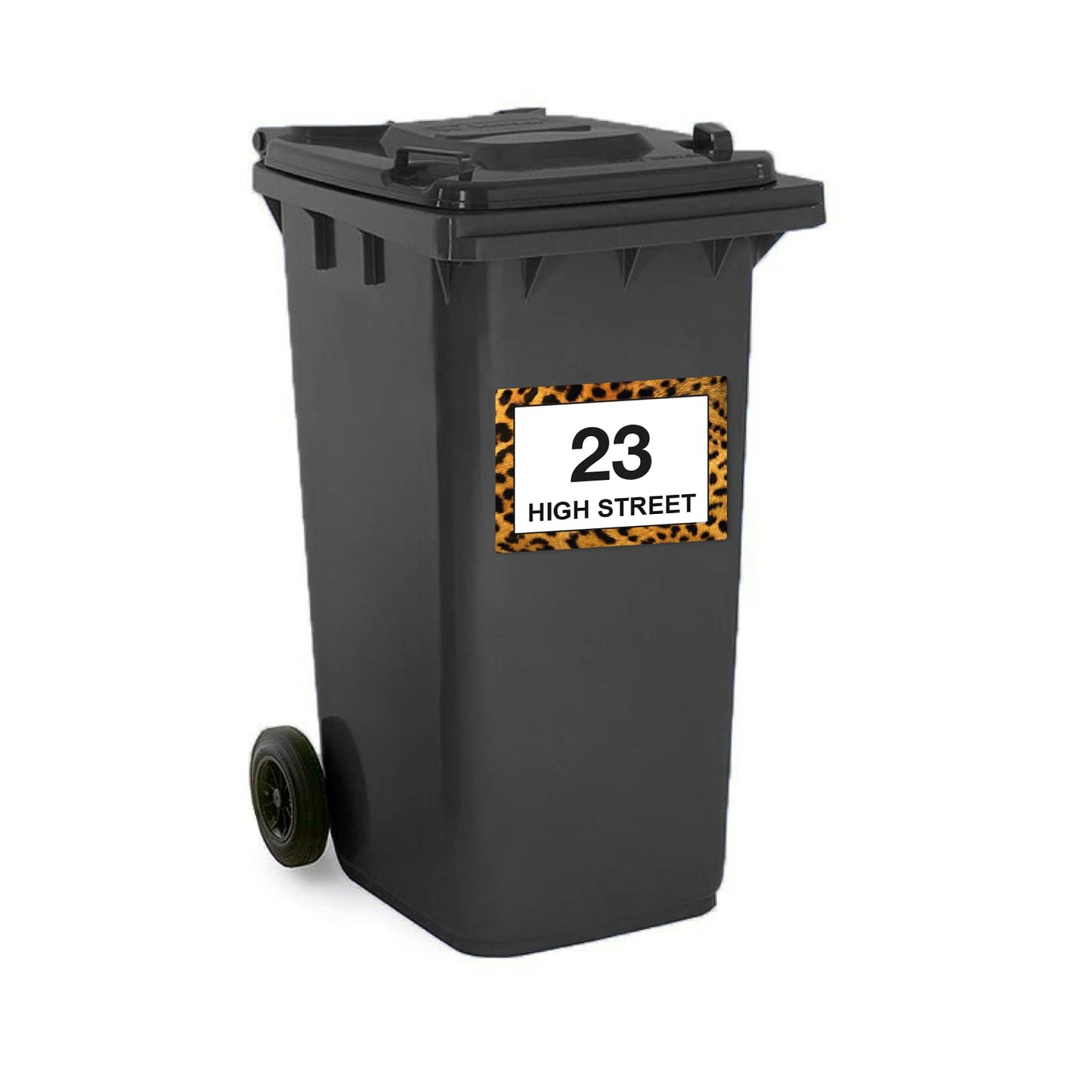 Leopard Print wheelie bin sticker details and application example