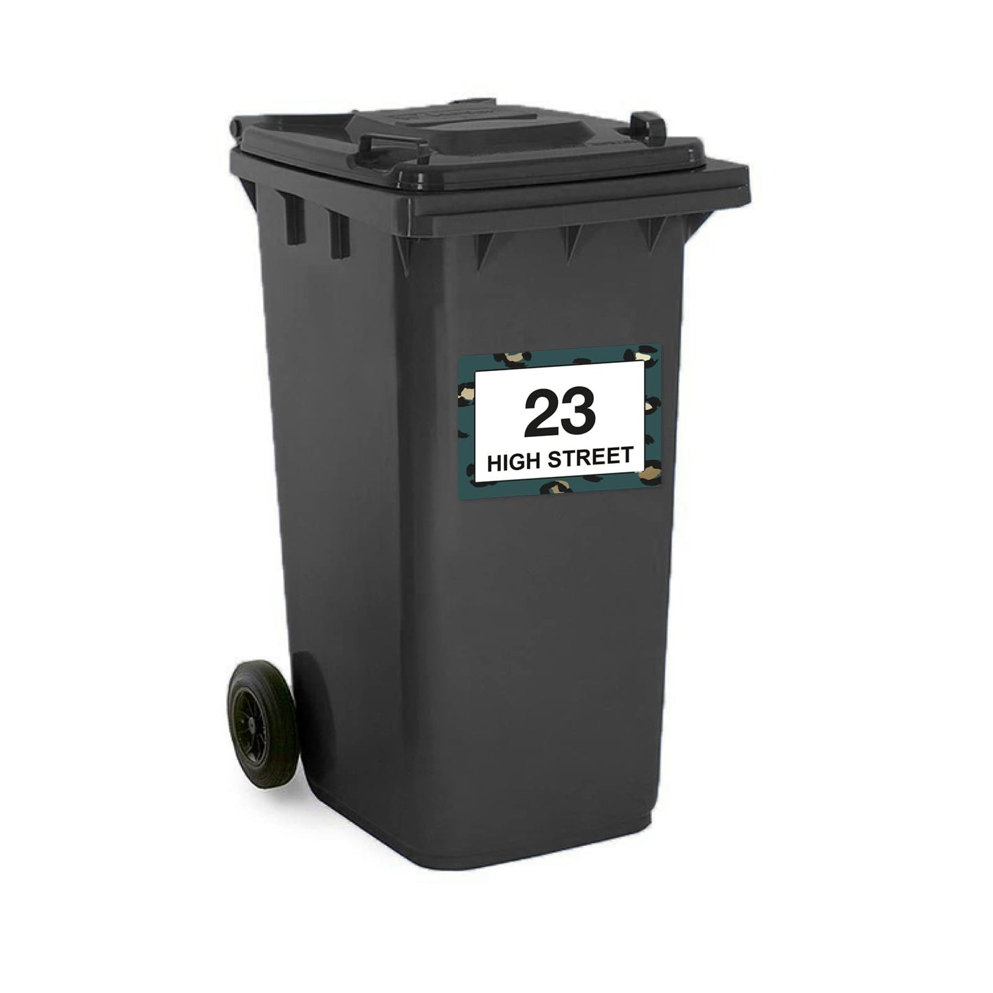 Green Leopard Print wheelie bin sticker details and application example