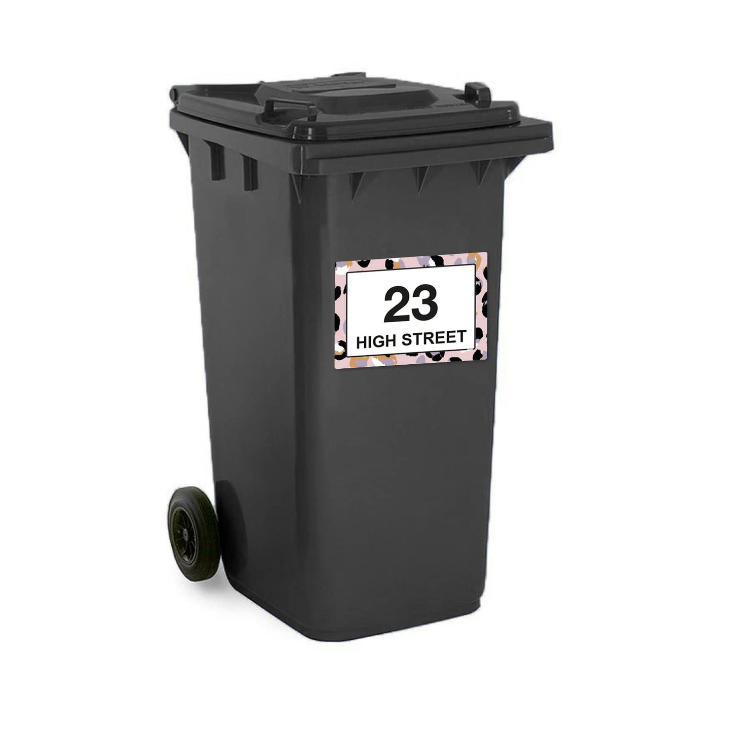 Purple Leopard Print wheelie bin sticker details and application example