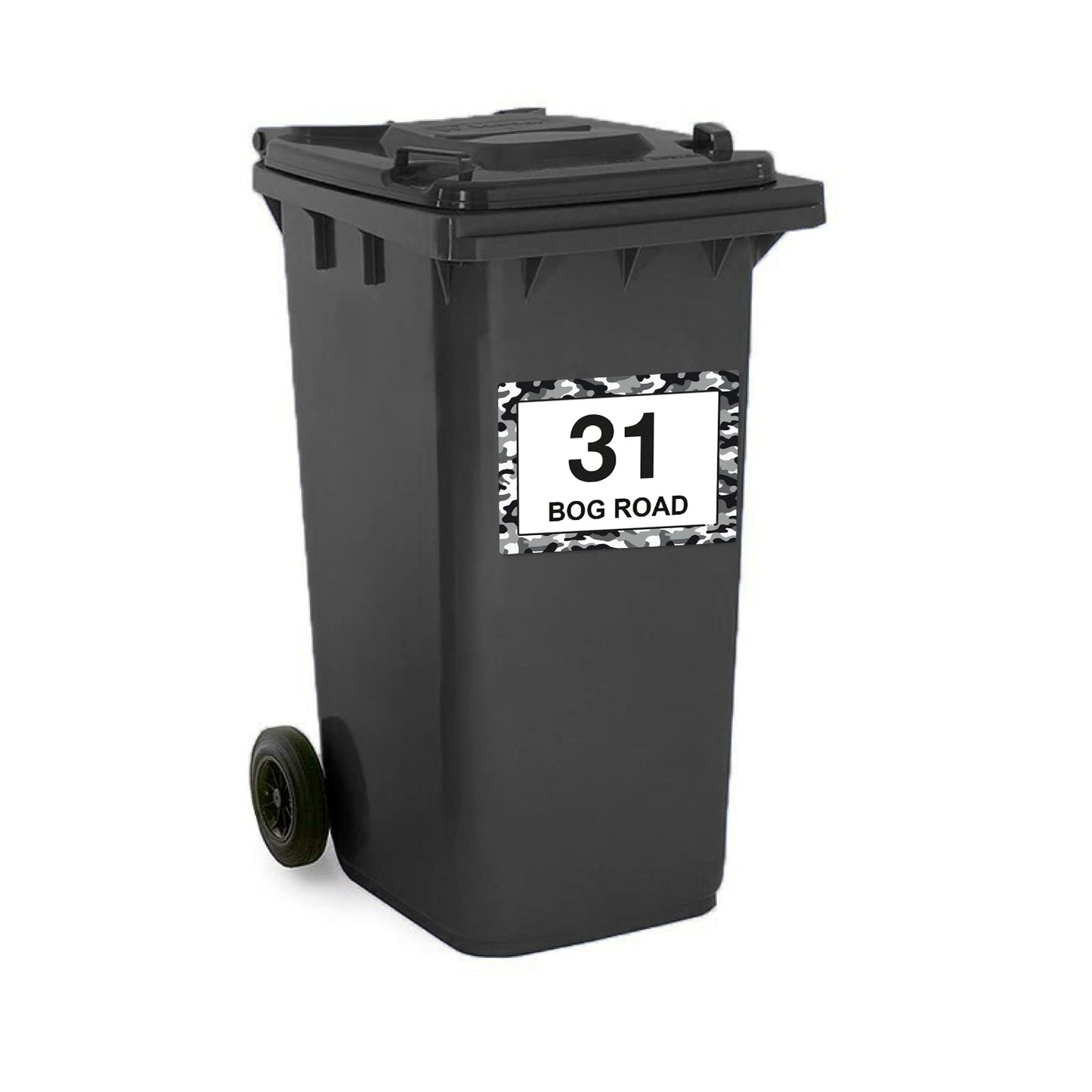 White Camouflage wheelie bin sticker details and application example