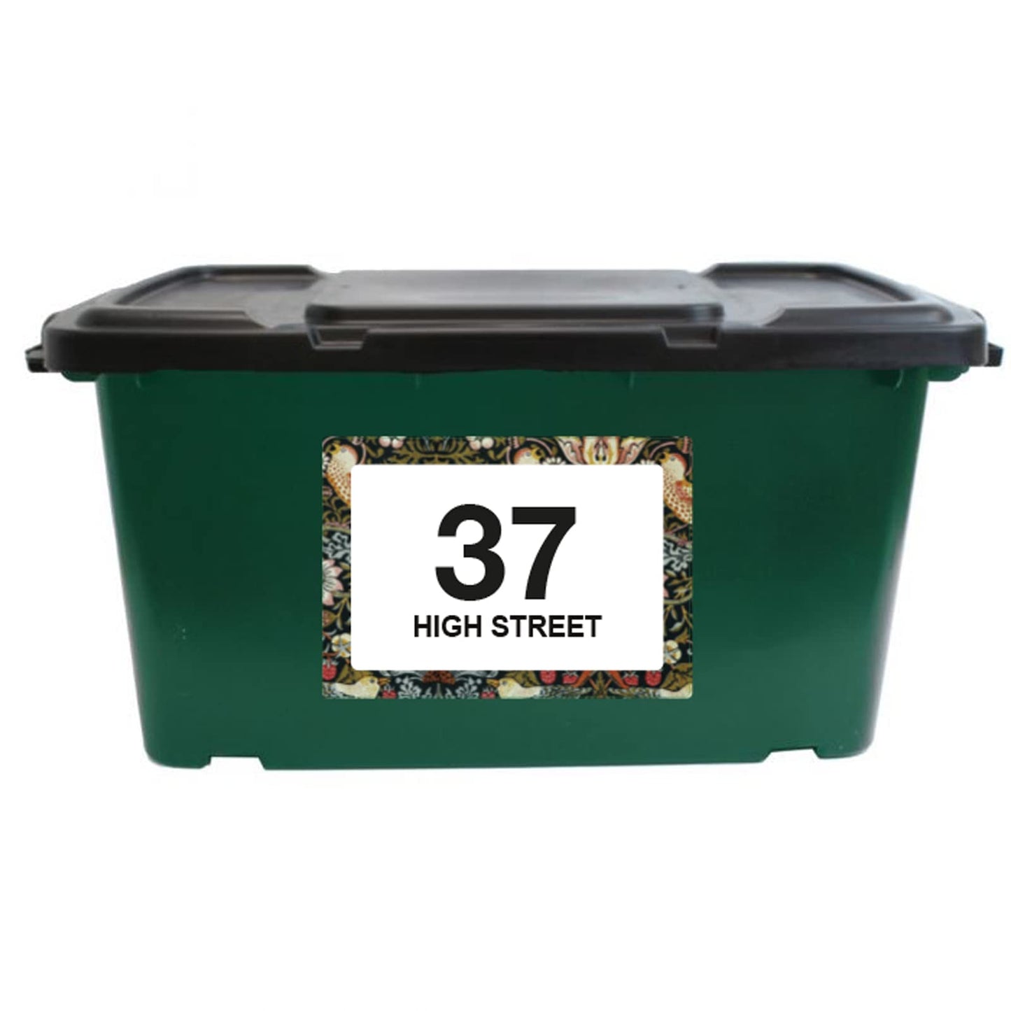William Morris Strawberry Thief wheelie bin sticker details and application example