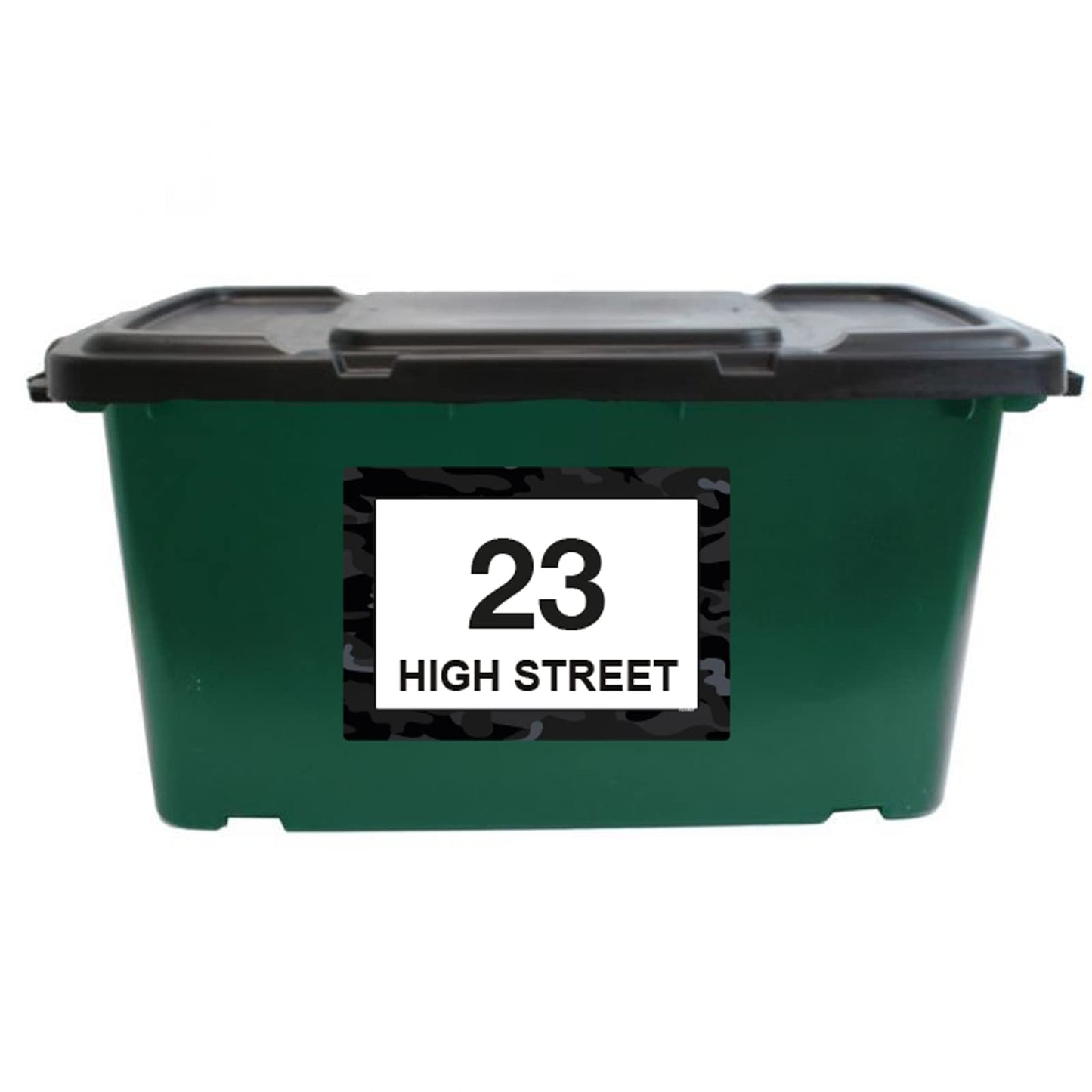 Black Camouflage wheelie bin sticker details and application example