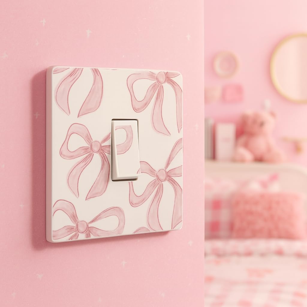 Pink bow switch cover decal shown in a styled room