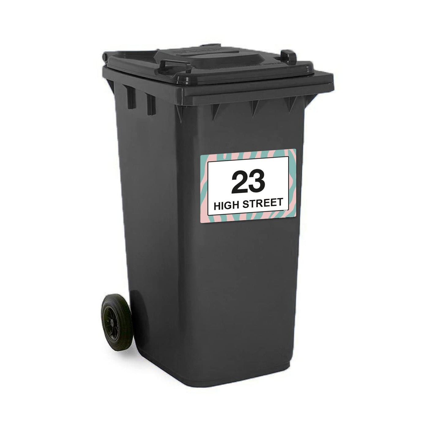 Pink & Green Zebra Print wheelie bin sticker details and application example