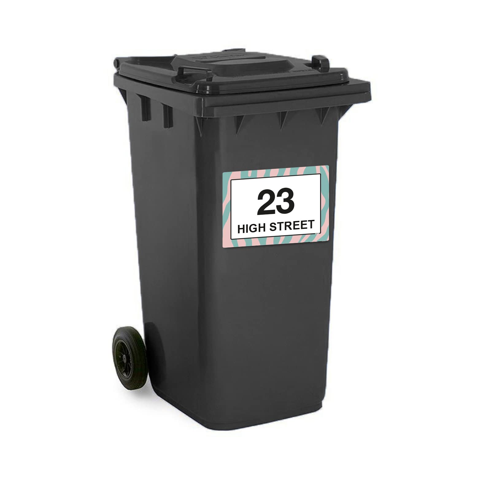 Pink & Green Zebra Print wheelie bin sticker details and application example