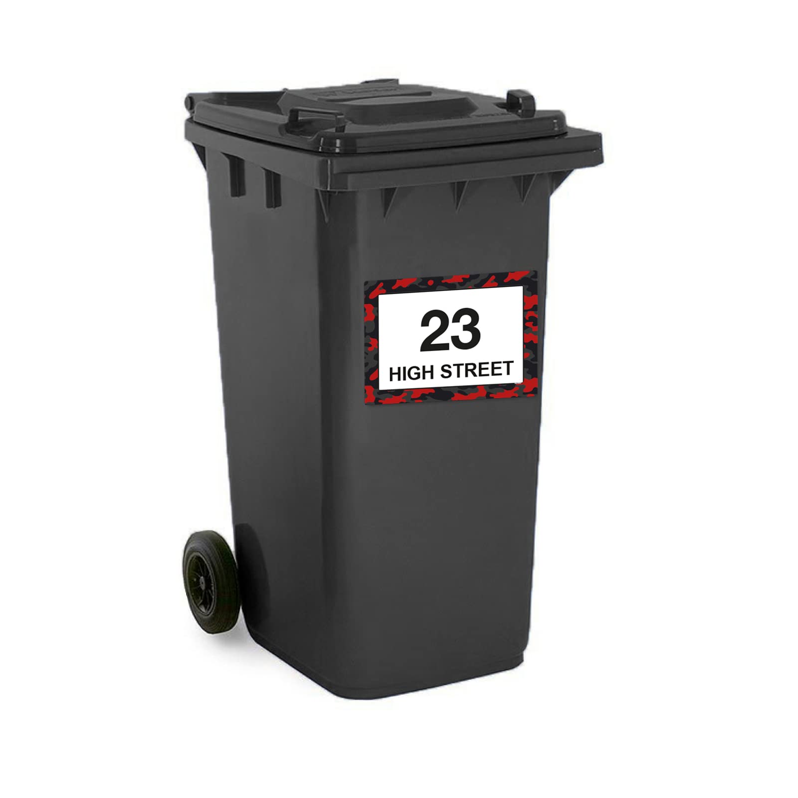 Red Camouflage wheelie bin sticker details and application example
