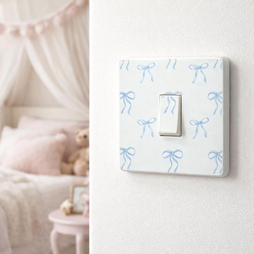 Blue bow switch cover decal shown in a styled room
