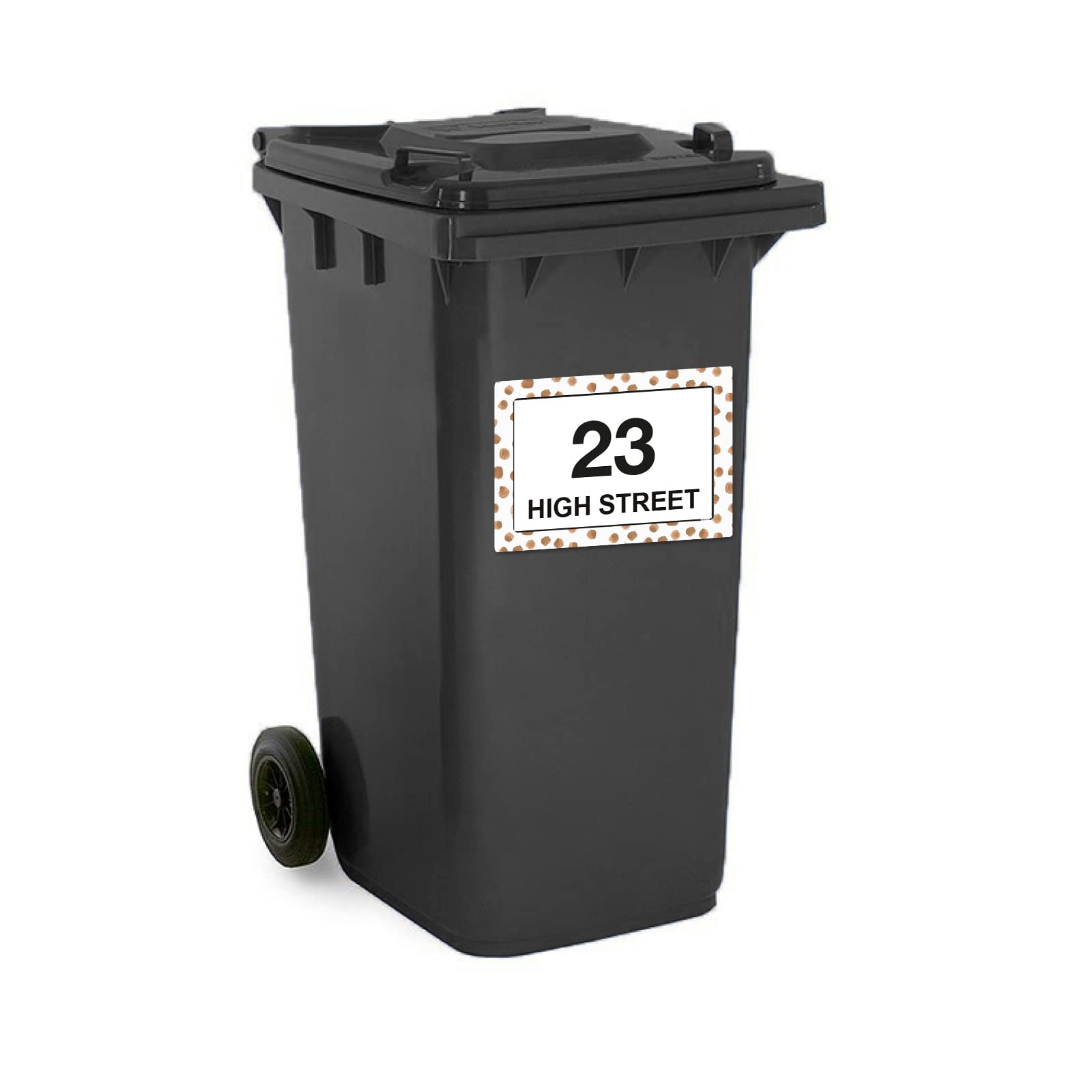 Terracotta Dots wheelie bin sticker details and application example