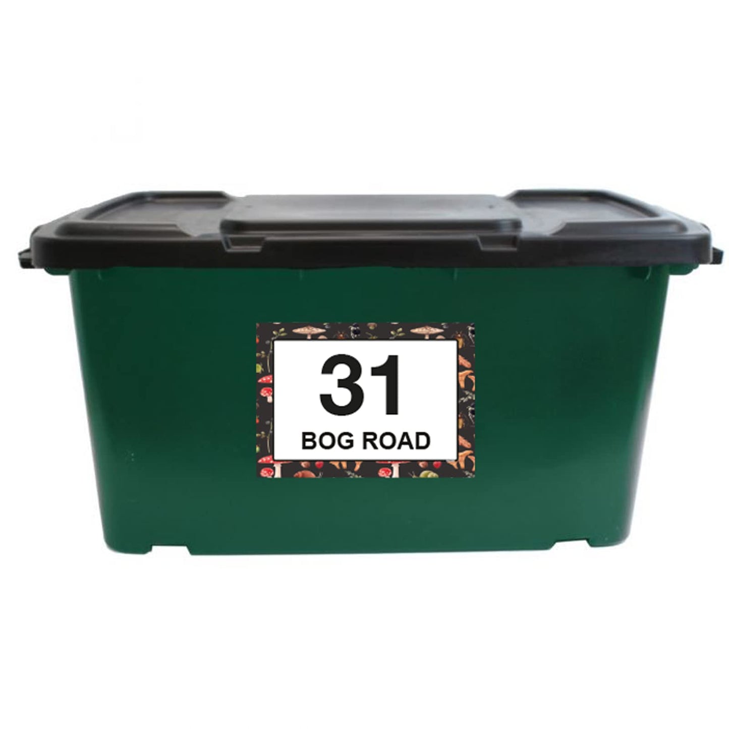 Mushroom wheelie bin sticker details and application example