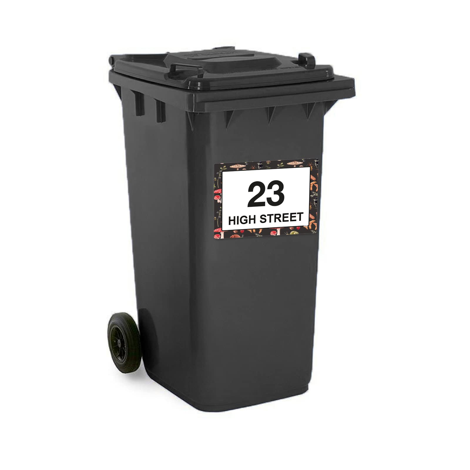 Mushroom wheelie bin sticker details and application example