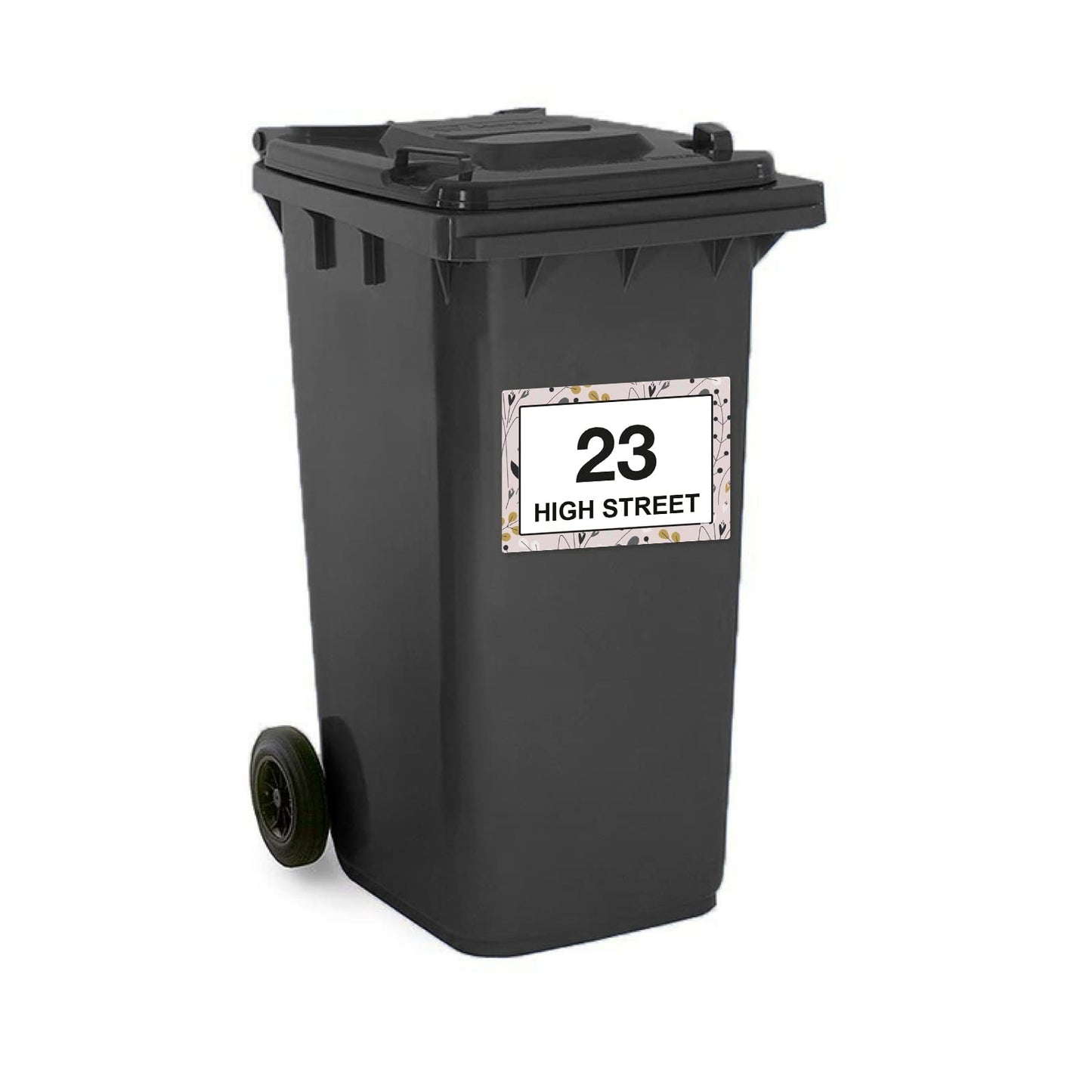 Pink Floral wheelie bin sticker details and application example