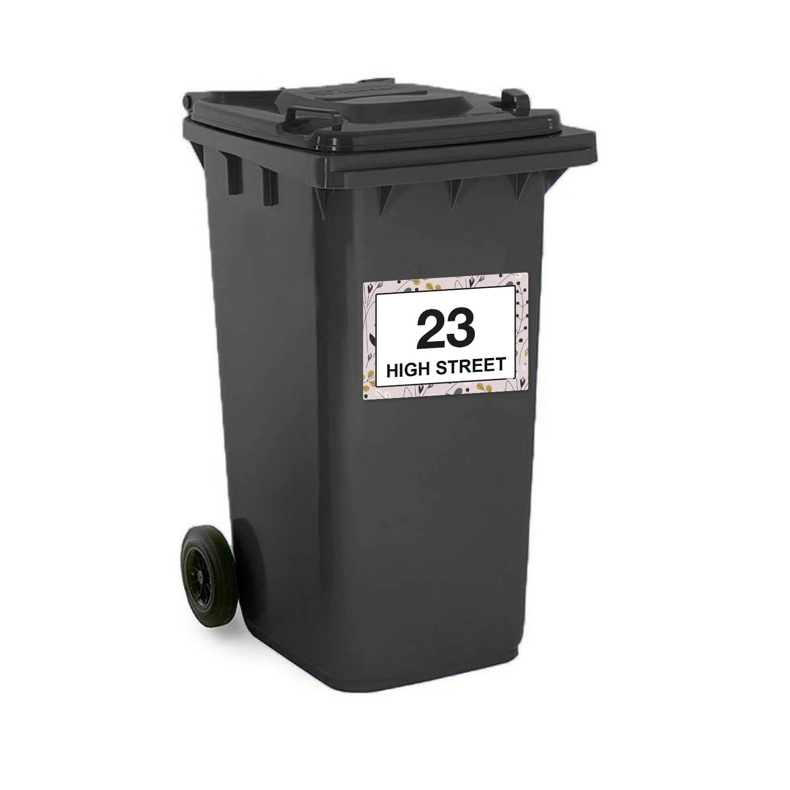Pink Floral wheelie bin sticker details and application example