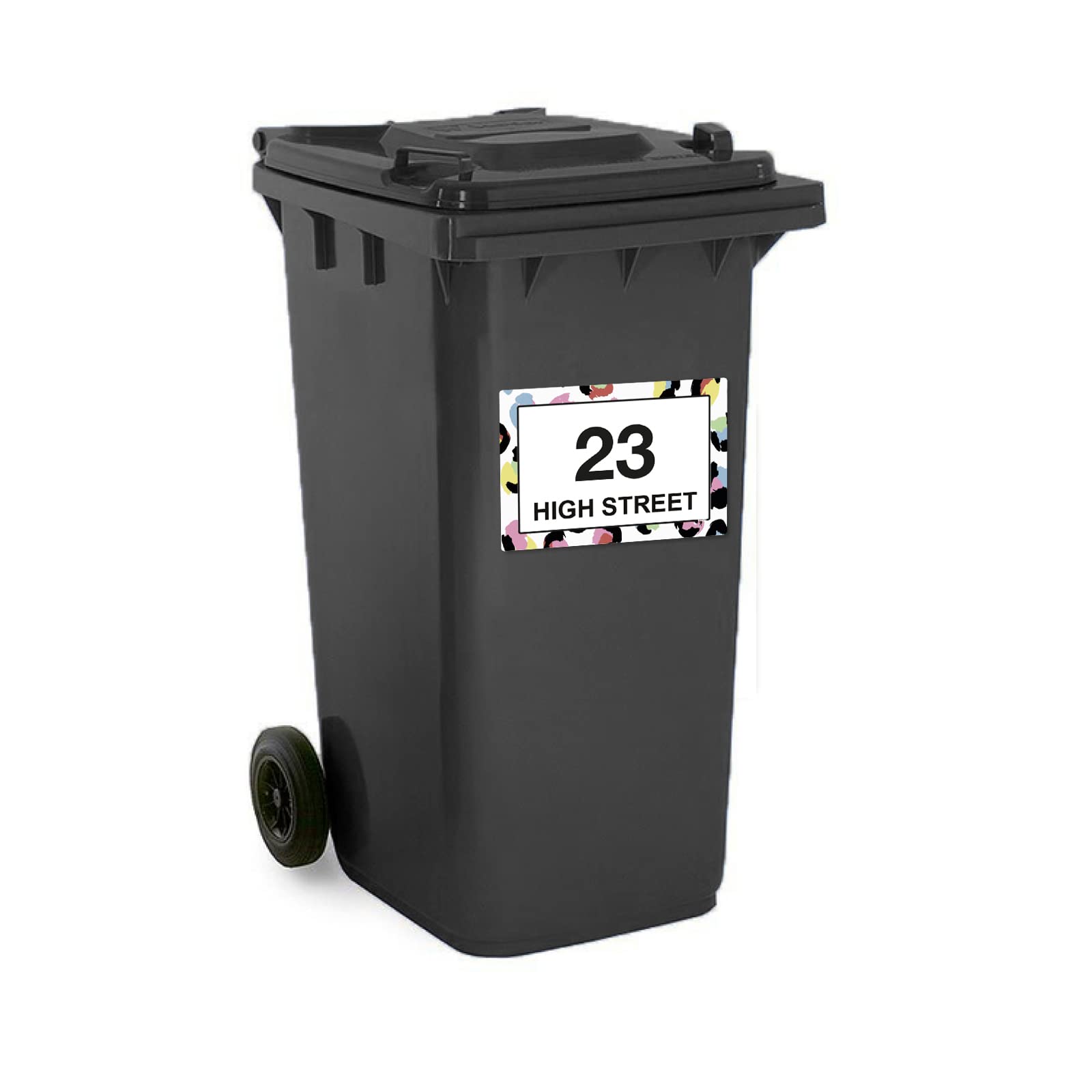 Rainbow Leopard Print wheelie bin sticker details and application example