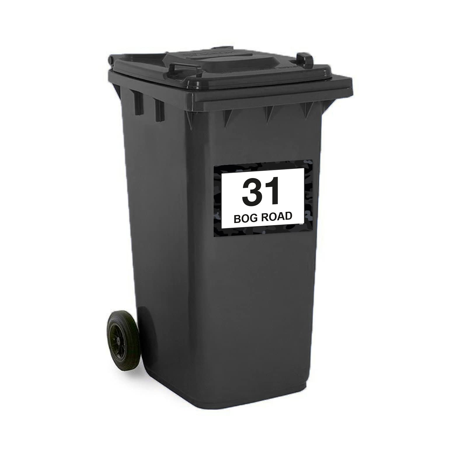 Black Camouflage wheelie bin sticker details and application example