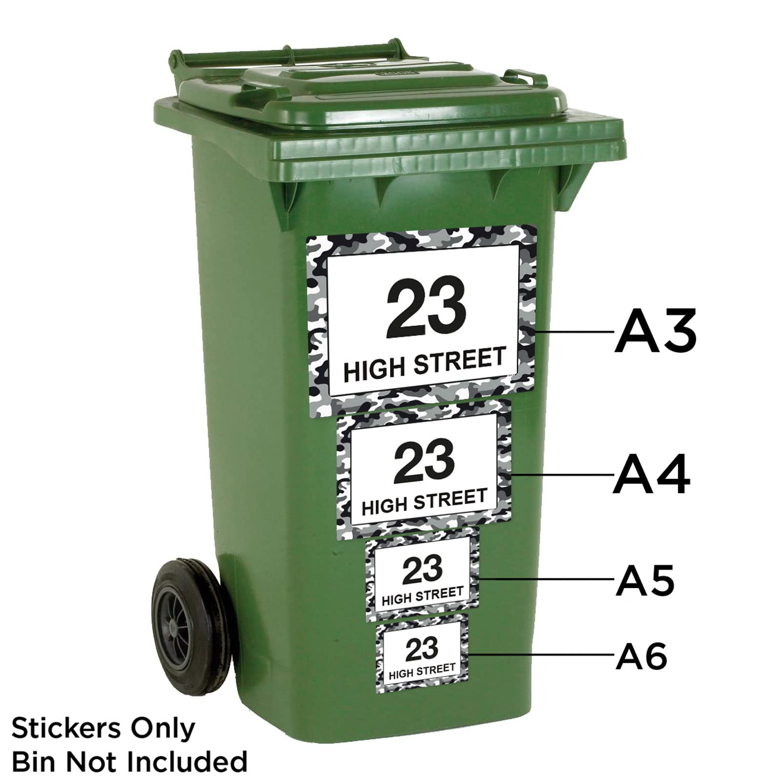 White Camouflage wheelie bin sticker details and application example