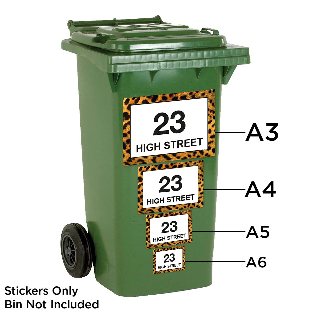 Leopard Print wheelie bin sticker details and application example