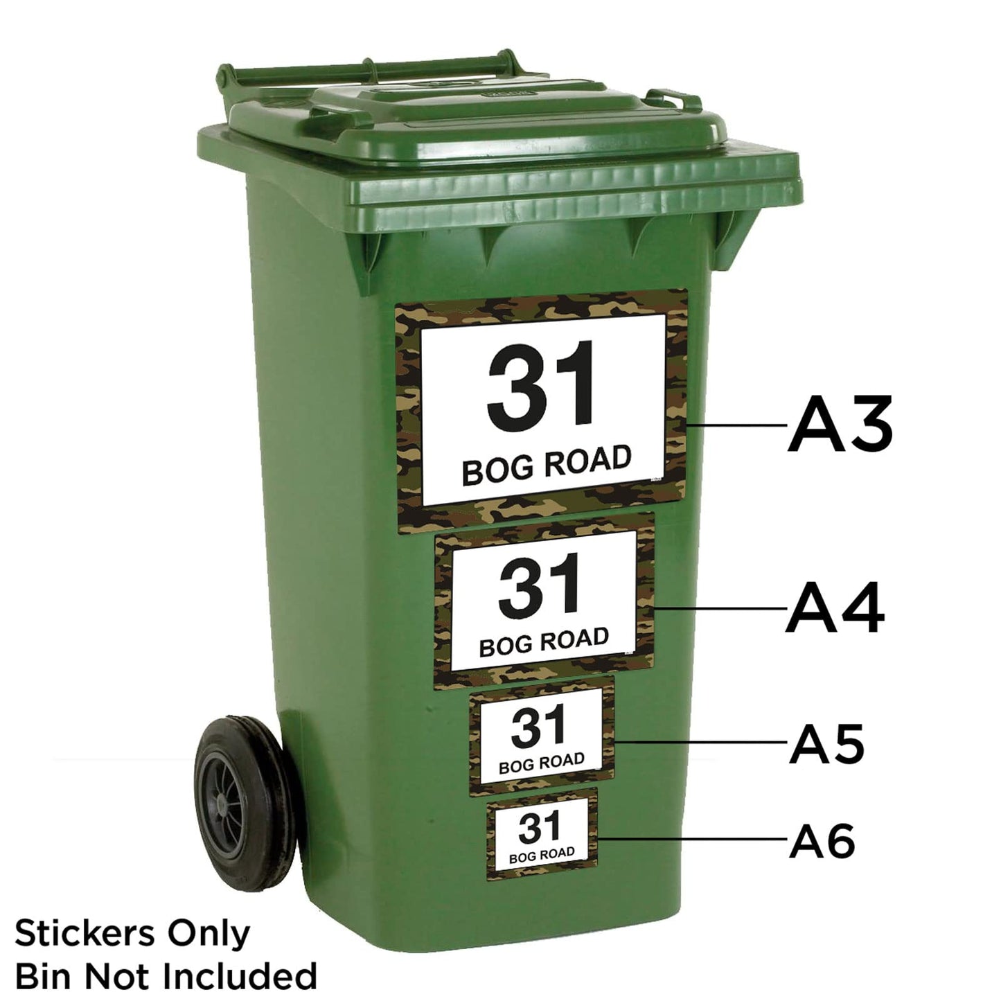Green Camouflage wheelie bin sticker details and application example