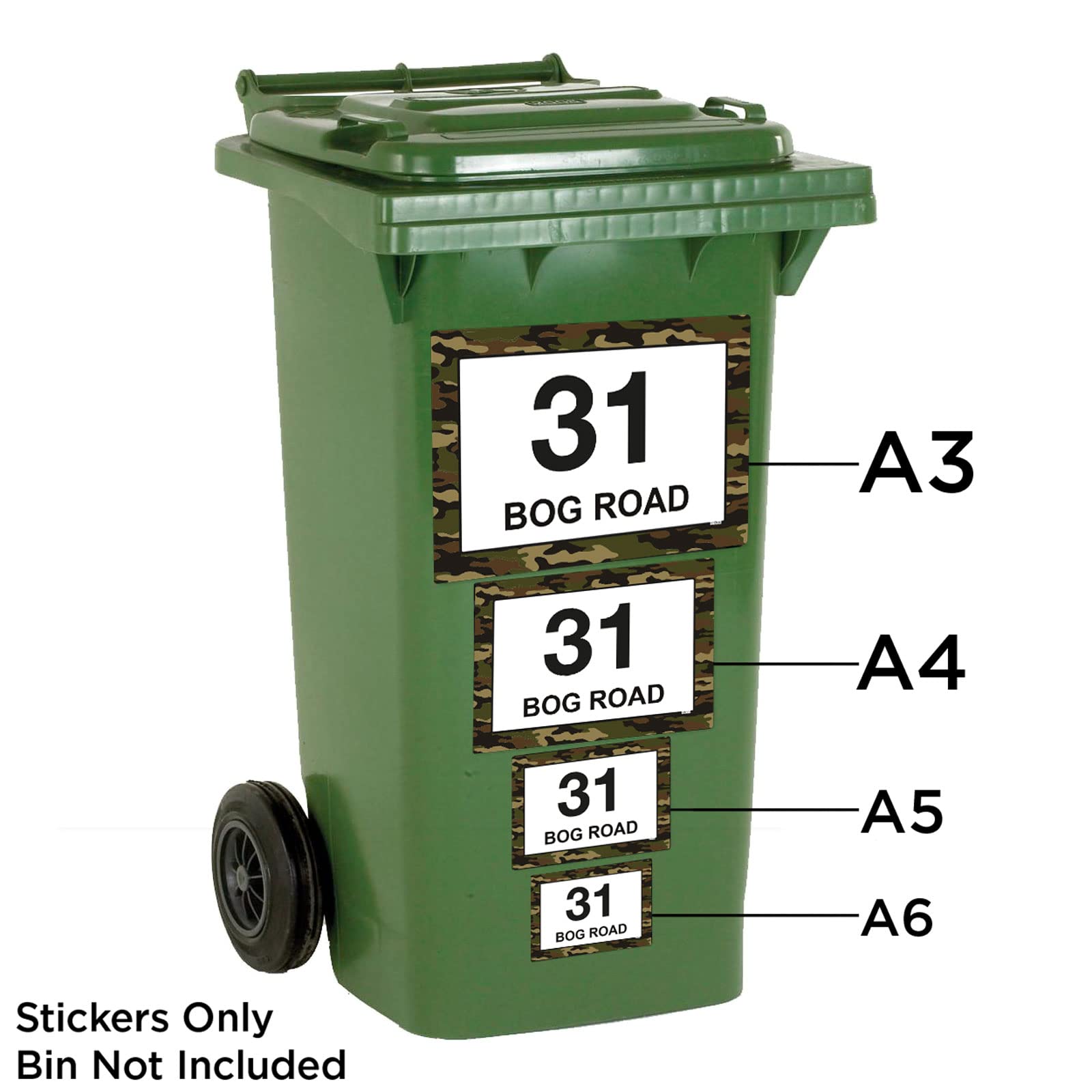 Green Camouflage wheelie bin sticker details and application example