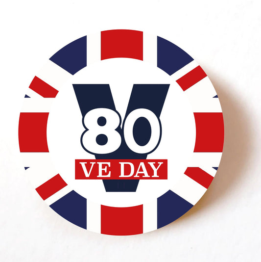 Union Jack VE Day 80th Anniversary 40mm round self-adhesive paper labels