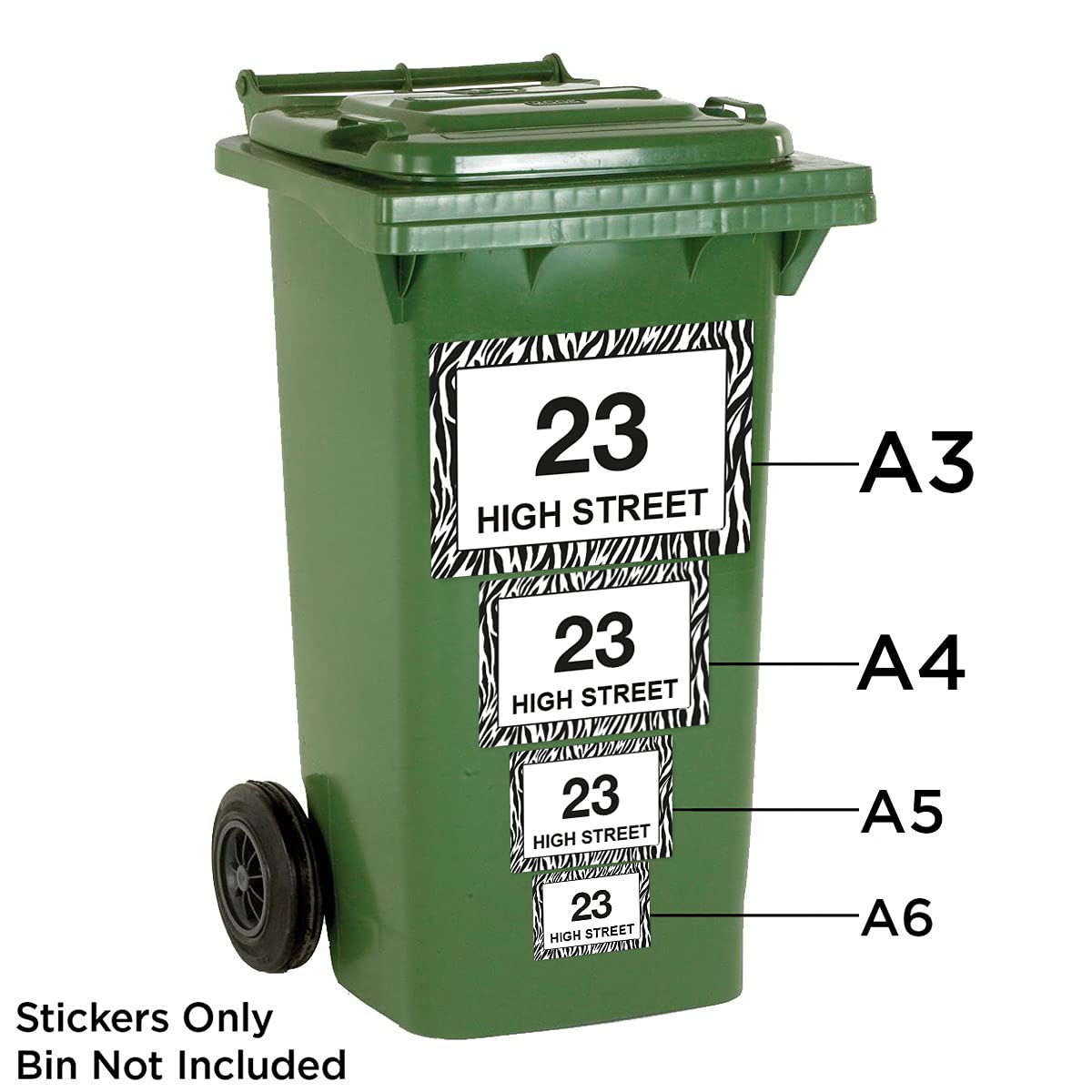 Zebra Print wheelie bin sticker details and application example