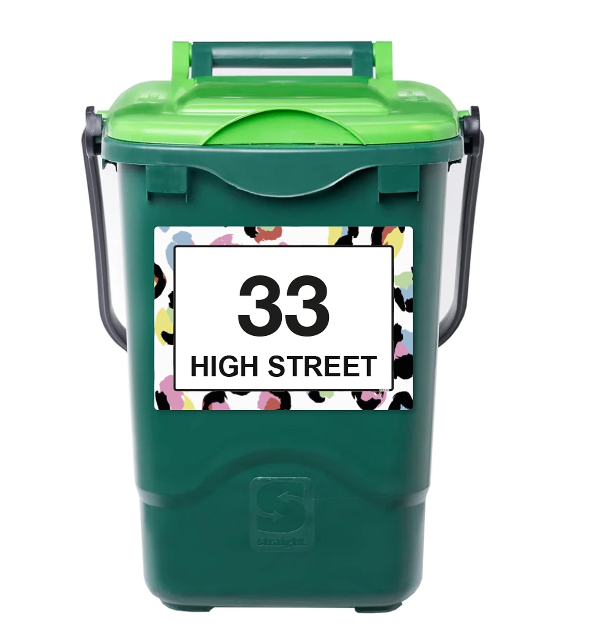 Rainbow Leopard Print wheelie bin sticker details and application example