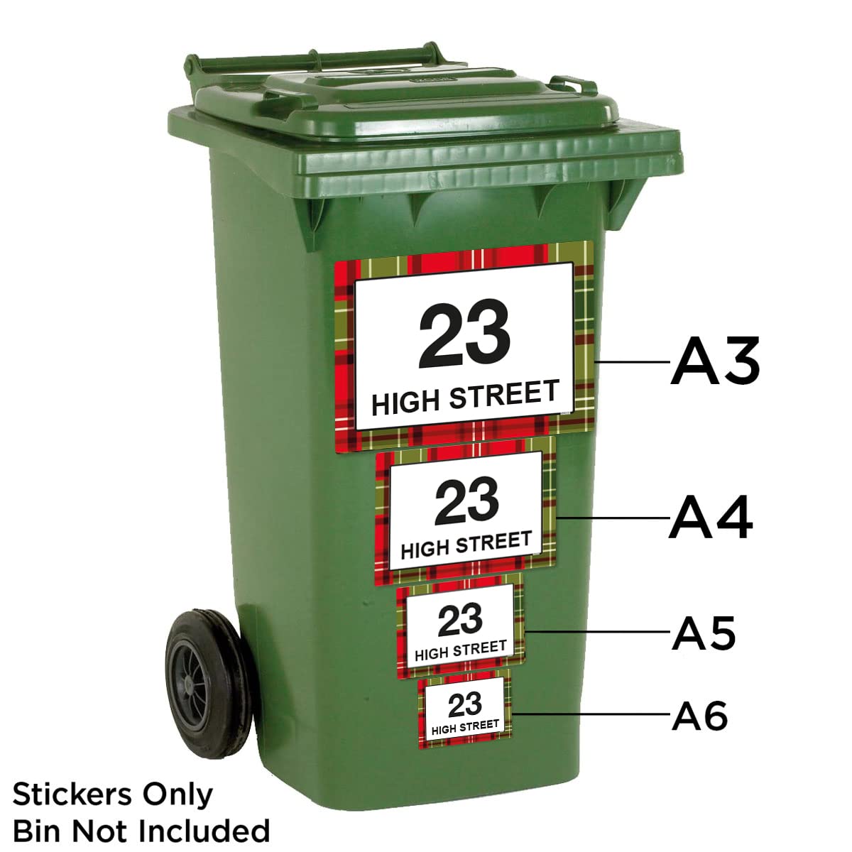 Tartan wheelie bin sticker details and application example