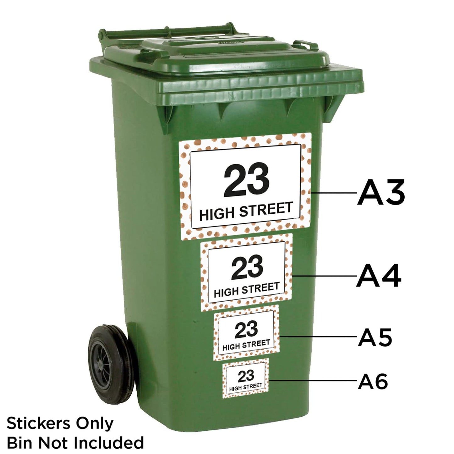 Terracotta Dots wheelie bin sticker details and application example