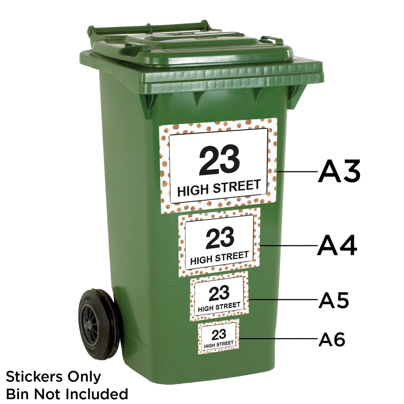 Terracotta Dots wheelie bin sticker details and application example