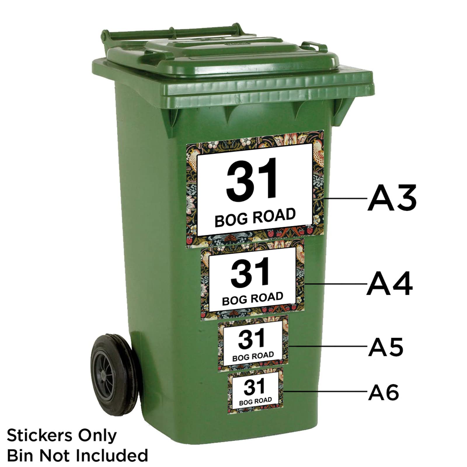William Morris Strawberry Thief wheelie bin sticker details and application example