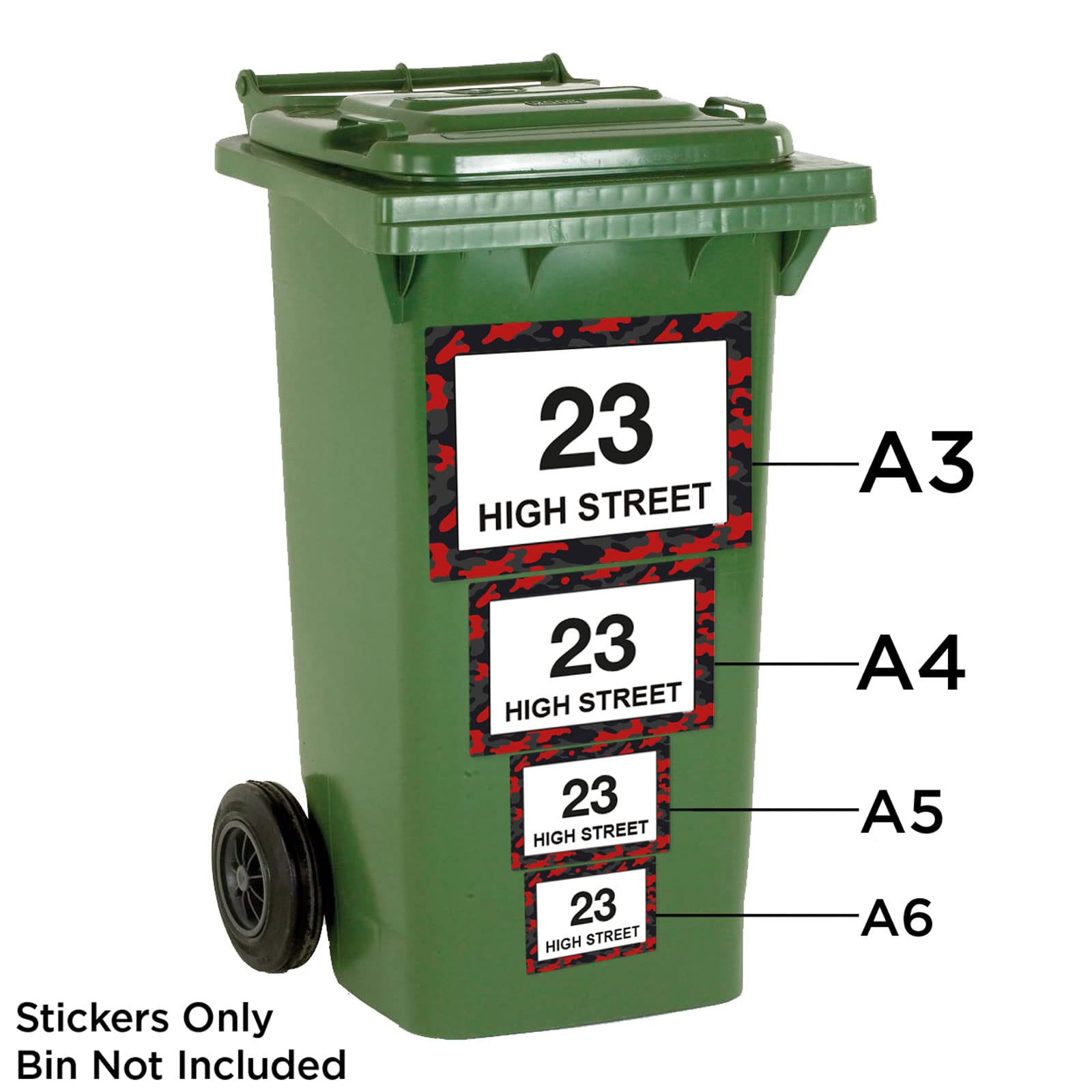 Red Camouflage wheelie bin sticker details and application example