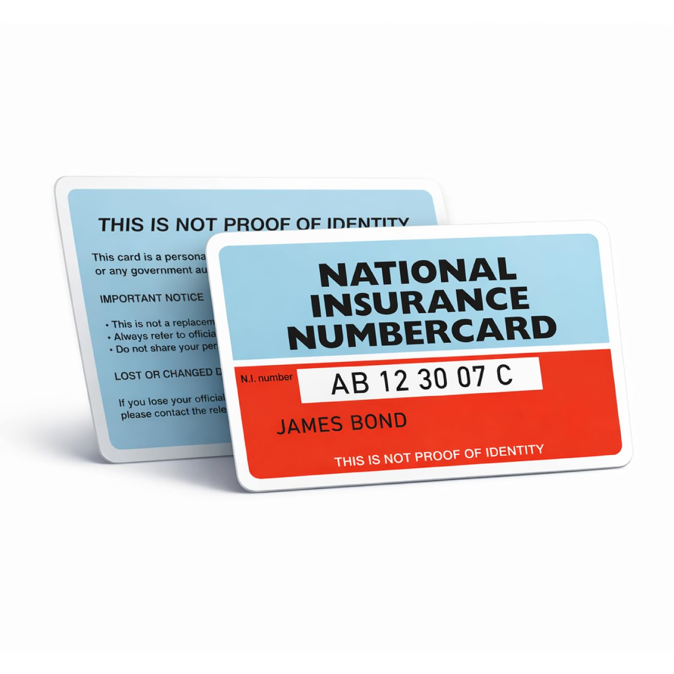 Custom double-sided NINO reminder card in wallet size