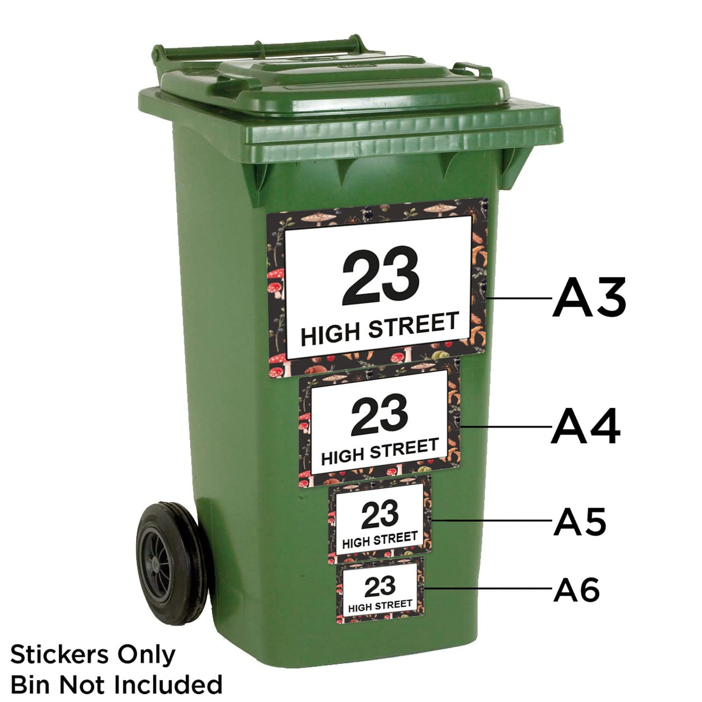 Mushroom wheelie bin sticker details and application example