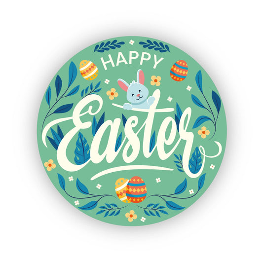 Happy Easter Green 40mm round self-adhesive paper labels