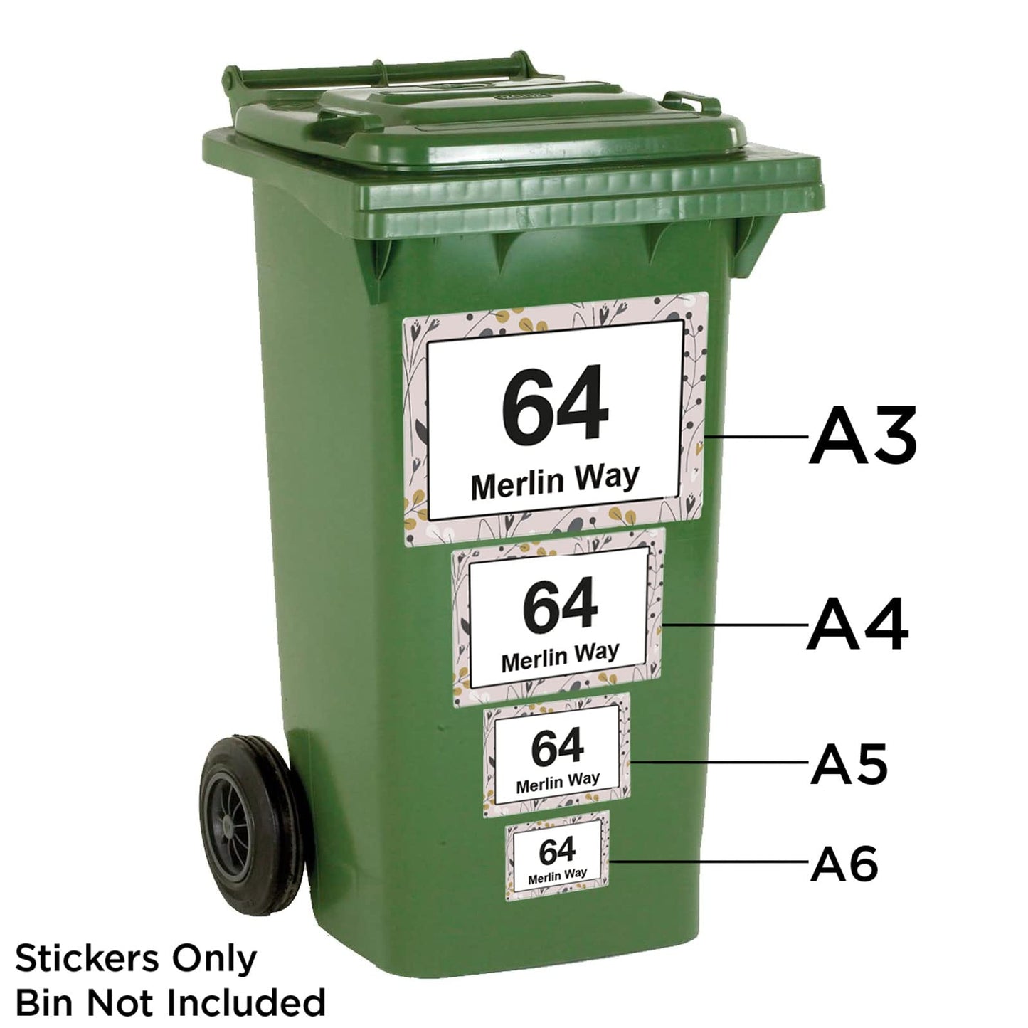 Pink Floral wheelie bin sticker details and application example