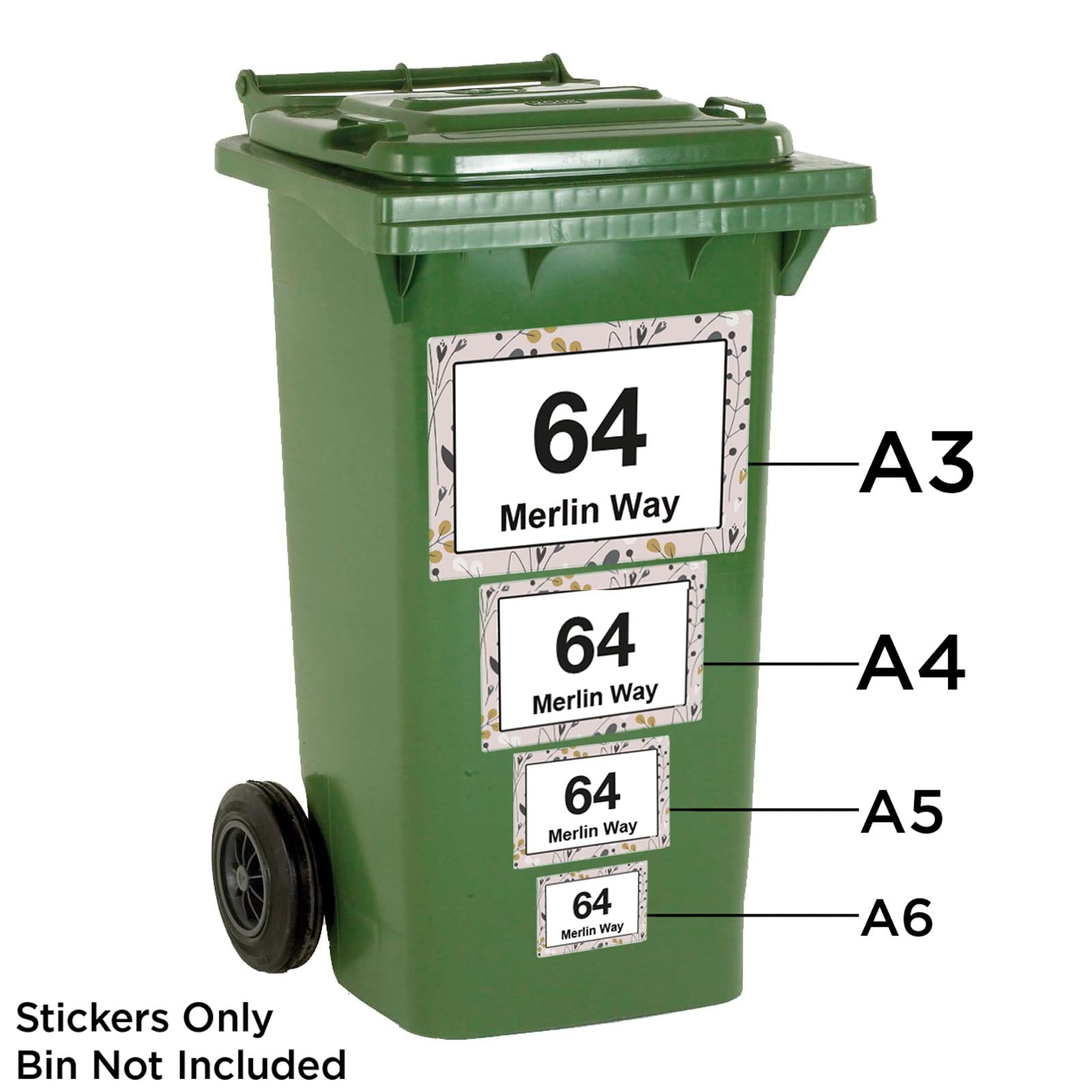 Pink Floral wheelie bin sticker details and application example