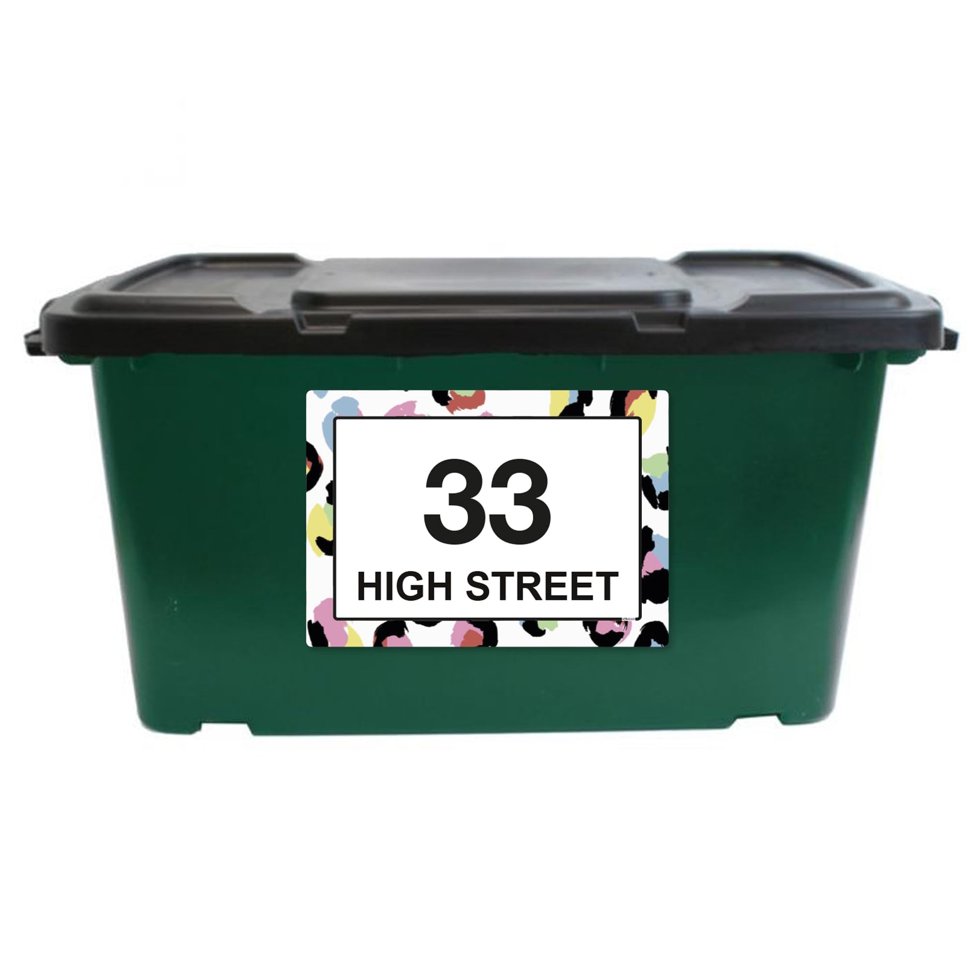 Rainbow Leopard Print wheelie bin sticker details and application example