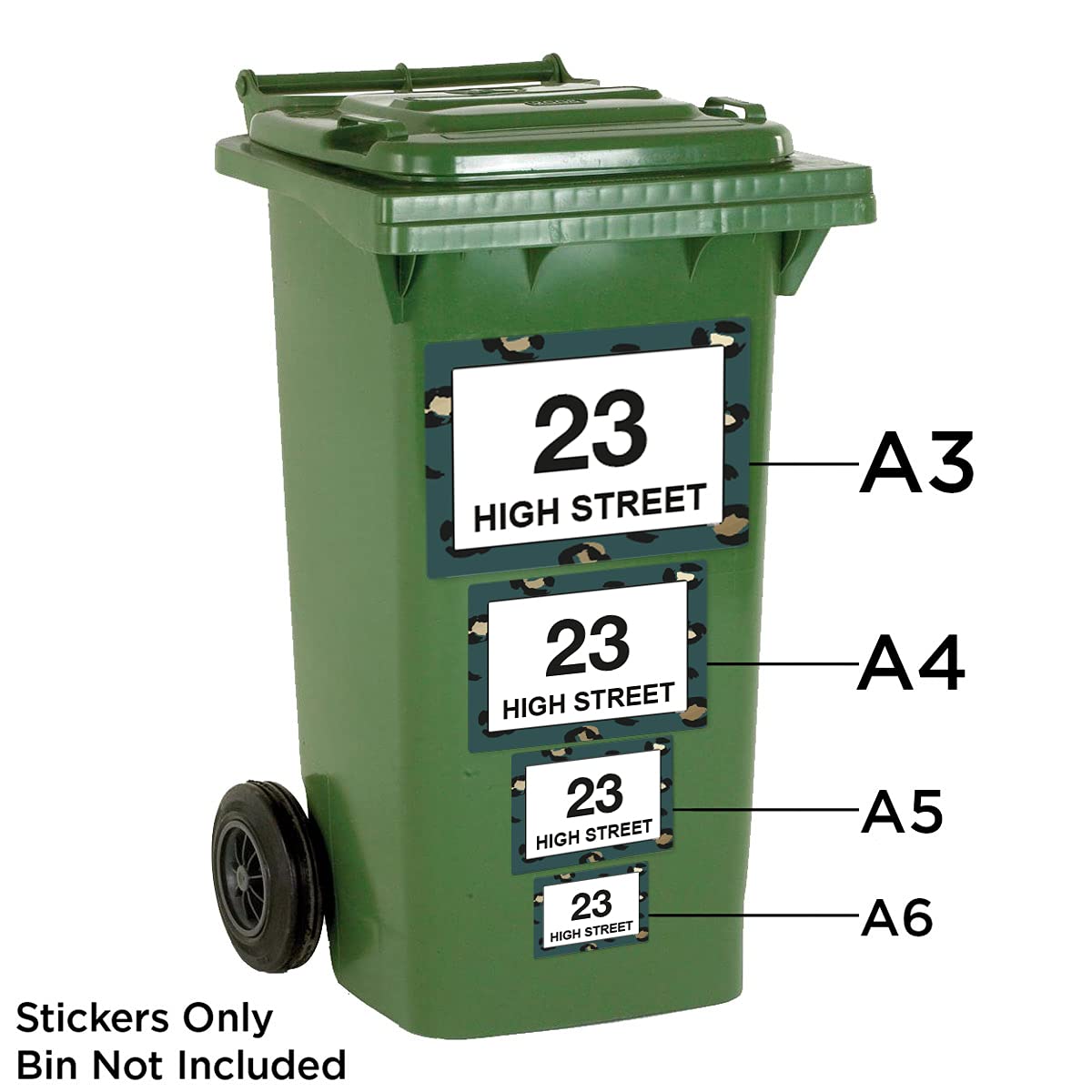 Green Leopard Print wheelie bin sticker details and application example