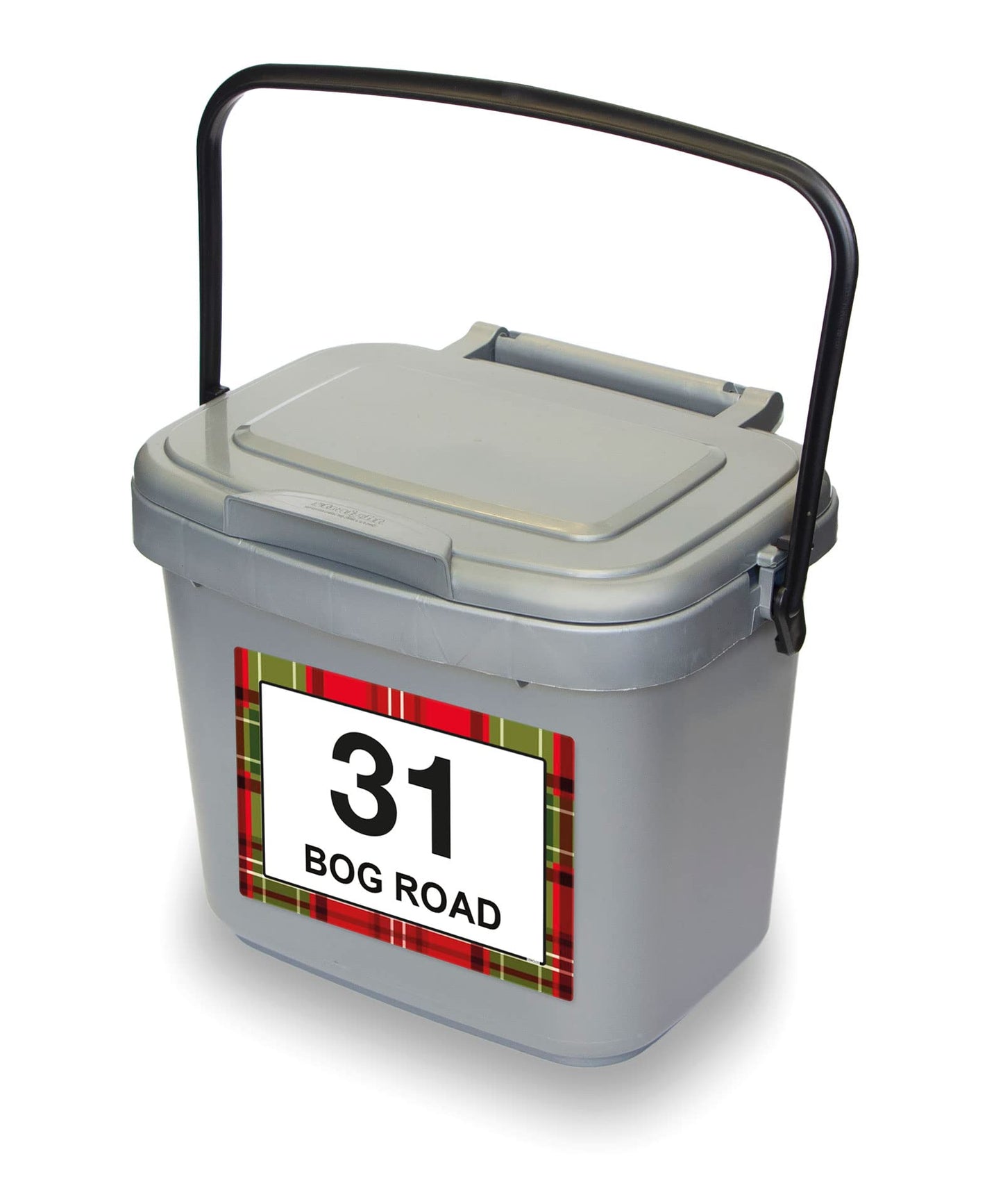 Tartan wheelie bin sticker details and application example