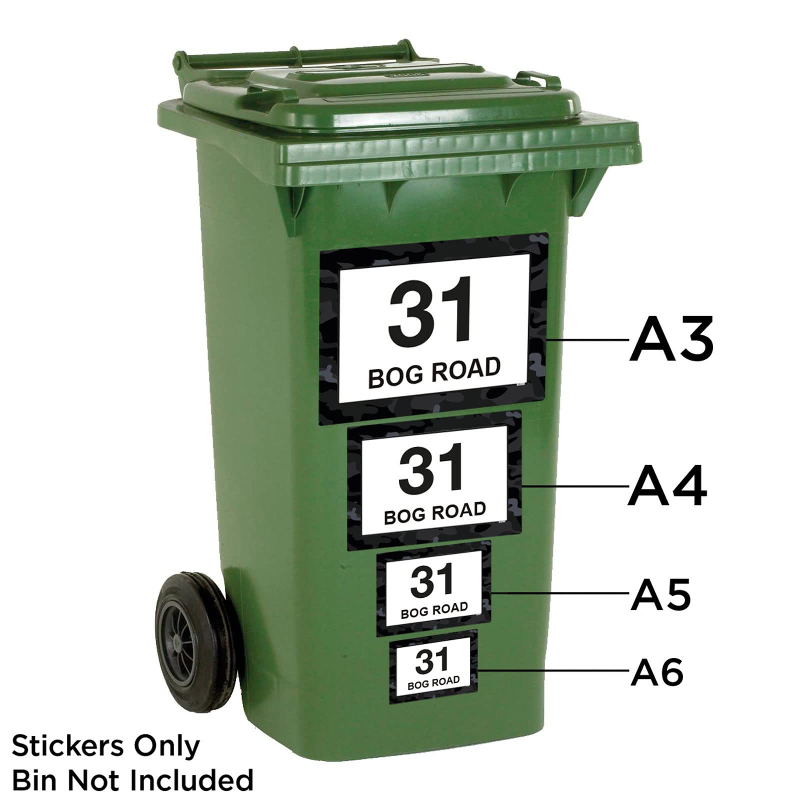 Black Camouflage wheelie bin sticker details and application example