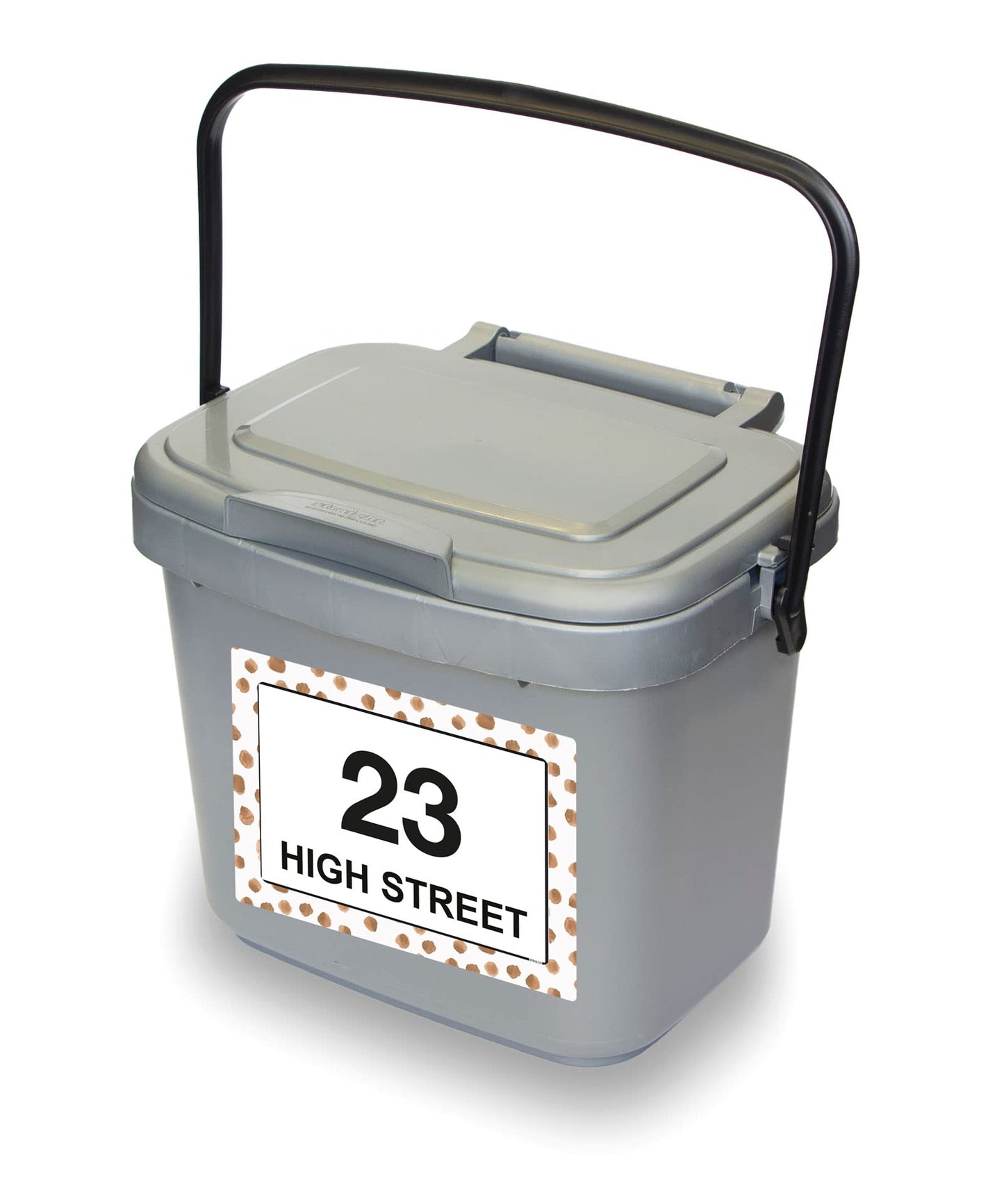 Terracotta Dots wheelie bin sticker details and application example