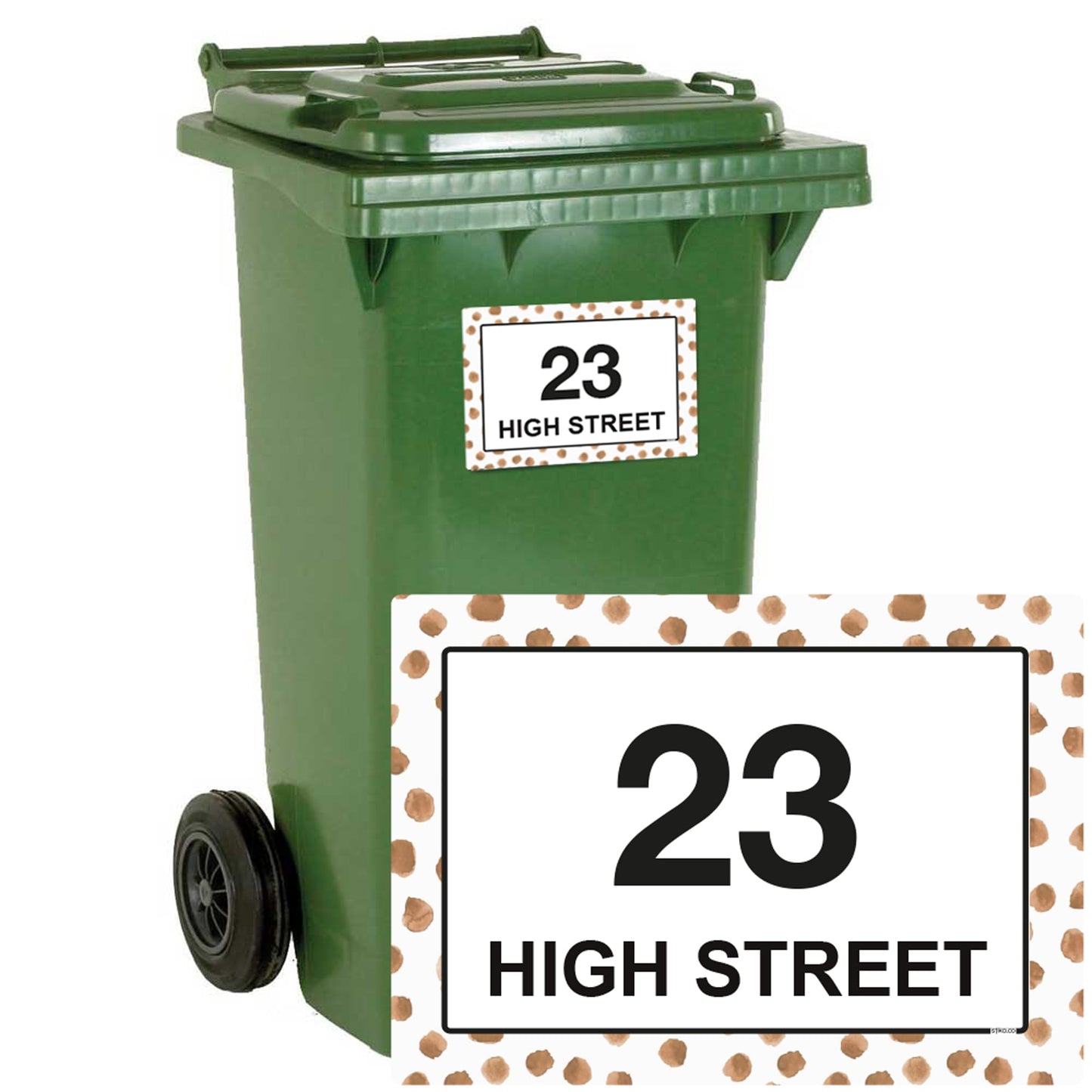 Terracotta Dots personalised wheelie bin stickers with house number and street name
