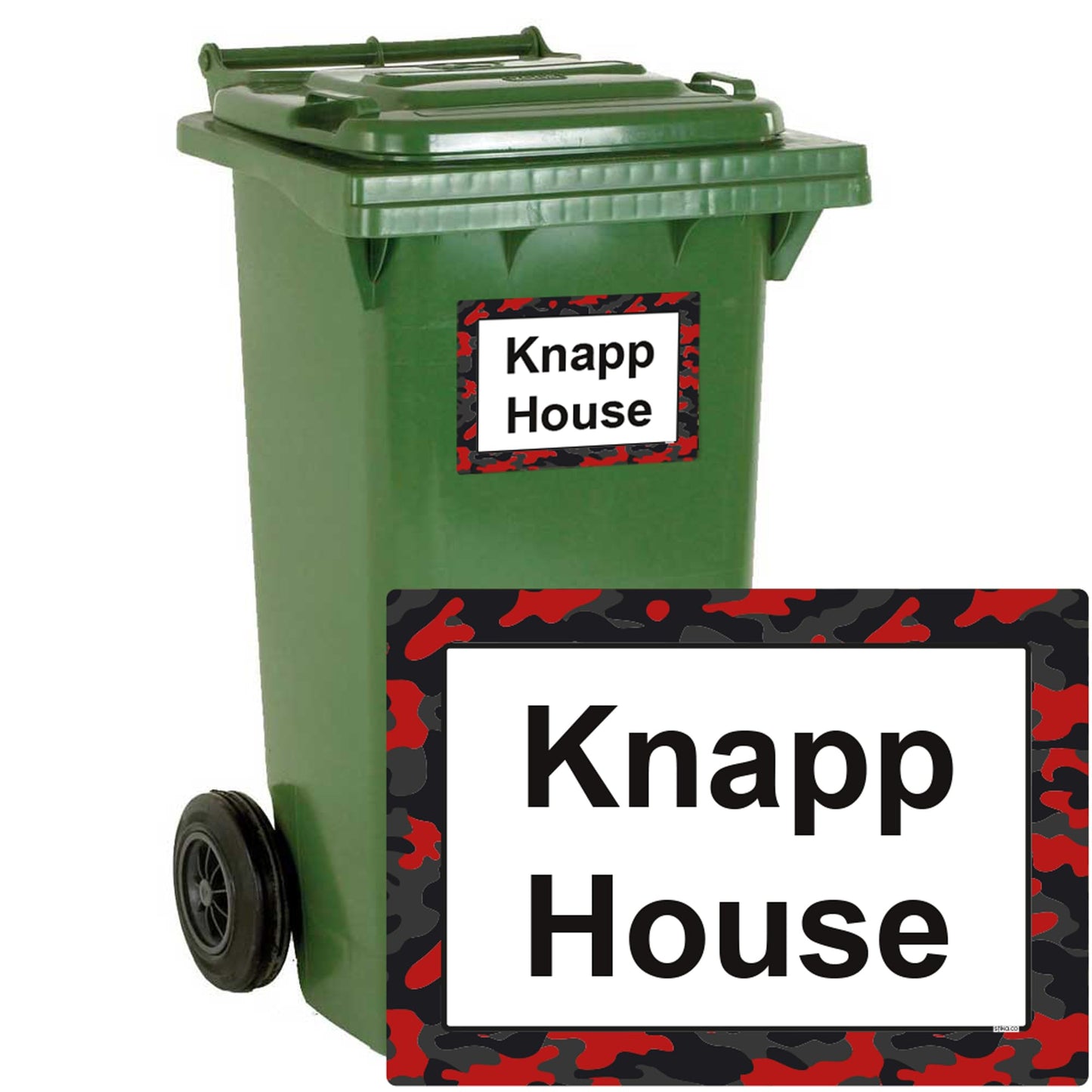Red Camouflage personalised wheelie bin stickers with house number and street name
